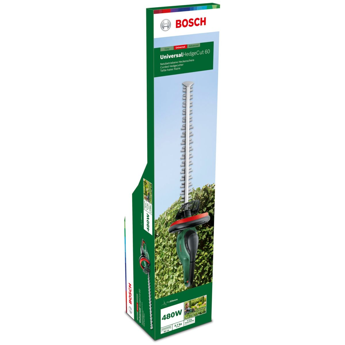 Bosch Universal HedgeCut 60 Heckenschere im Karton, mit Bild einer grünen Hecke.