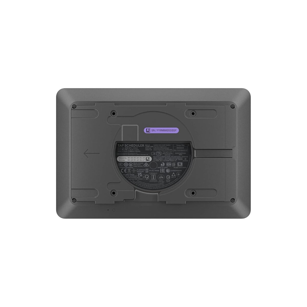 Vista posteriore di un dispositivo TAP SCHEDULER grigio con adesivo e informazioni tecniche.