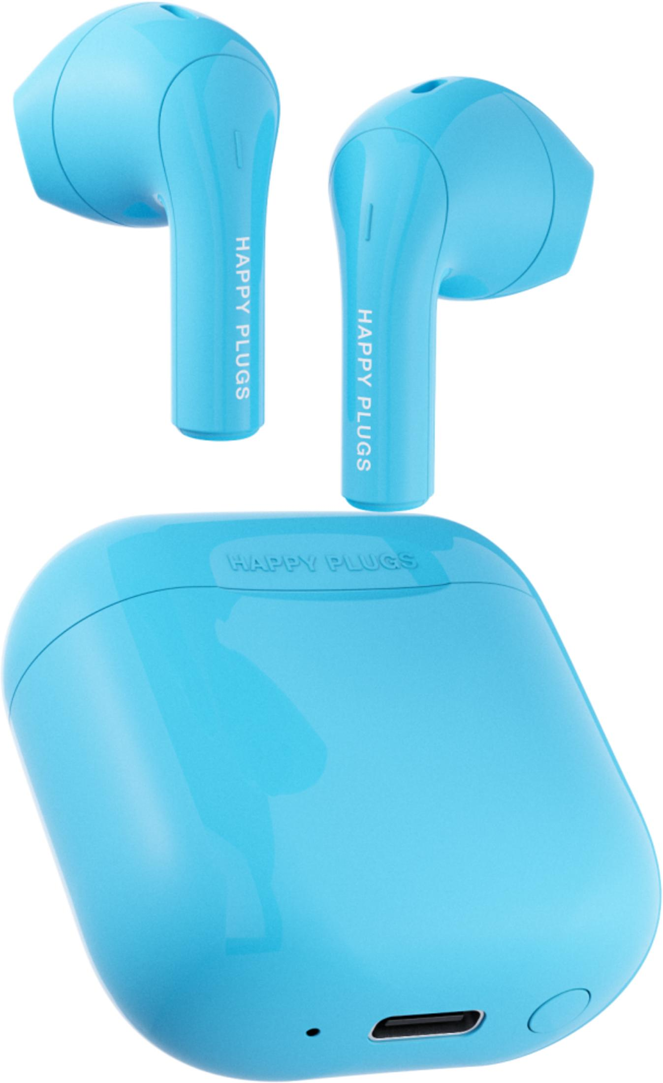 Zwei blaue Kopfhörer und eine Ladebox von Happy Plugs.