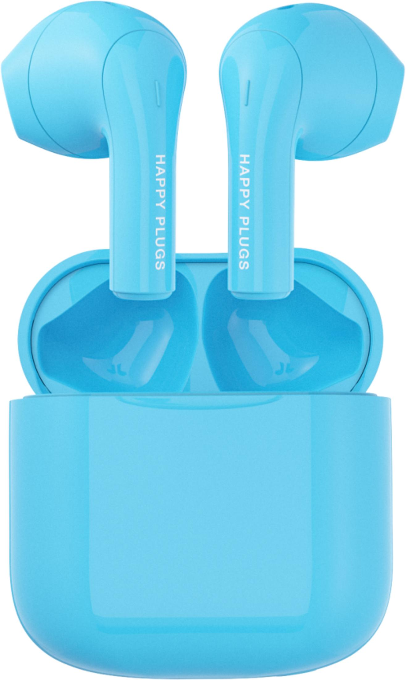 Blaue kabellose Ohrhörer mit Ladecase, Aufschrift HAPPY PLUGS.