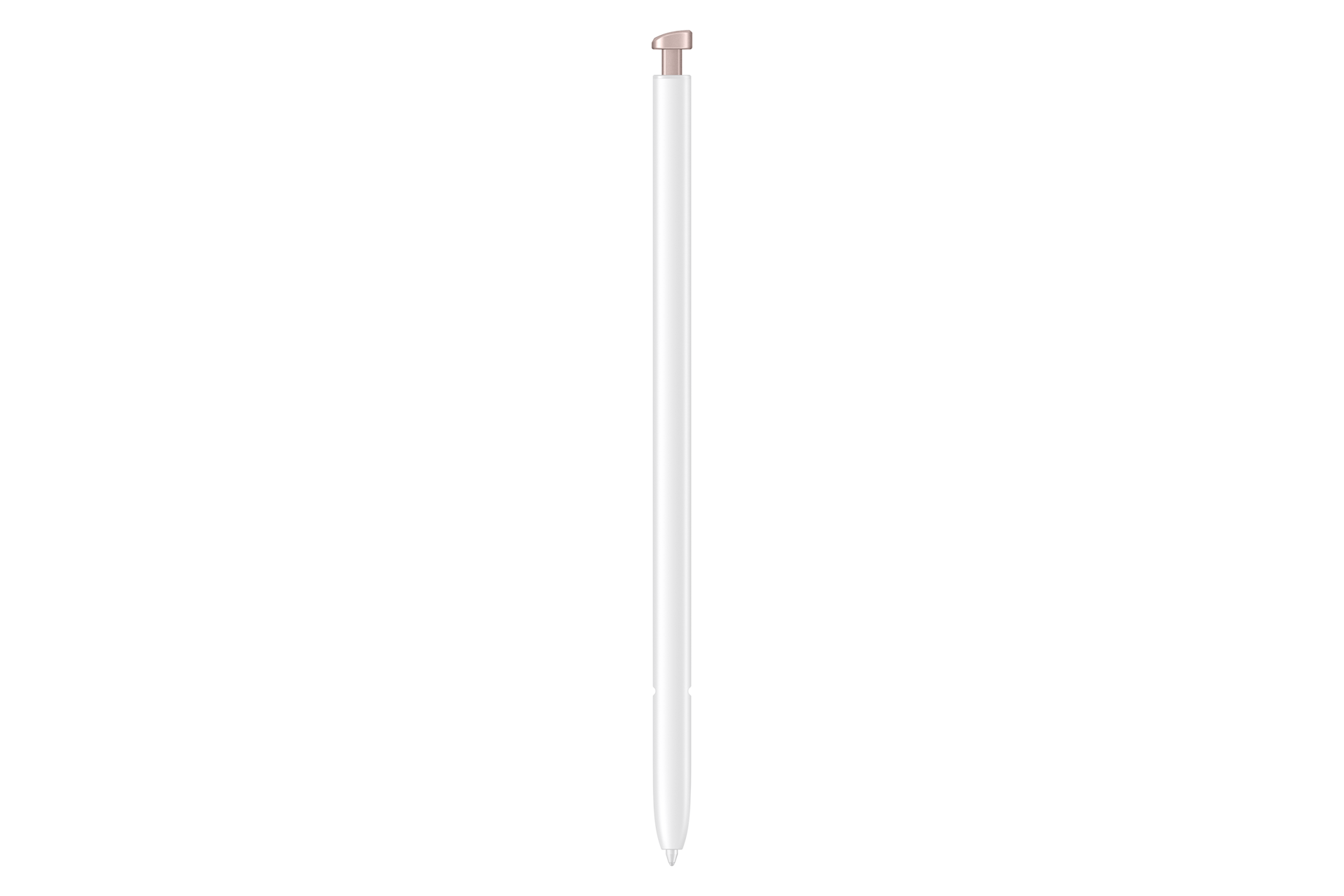 Ein weißer Eingabestift mit einem metallischen oberen Ende auf schwarzem Hintergrund.
