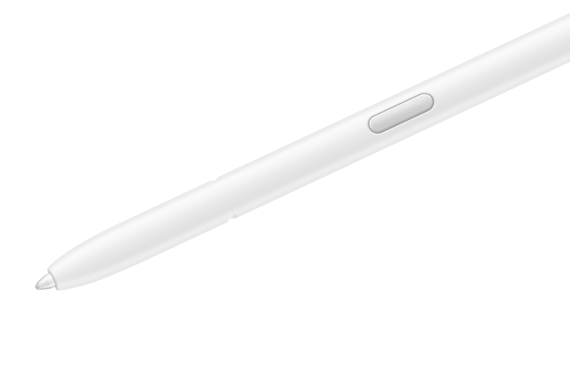 Ein weißer Stift mit einem silbernen Knopf, nahaufnahme.