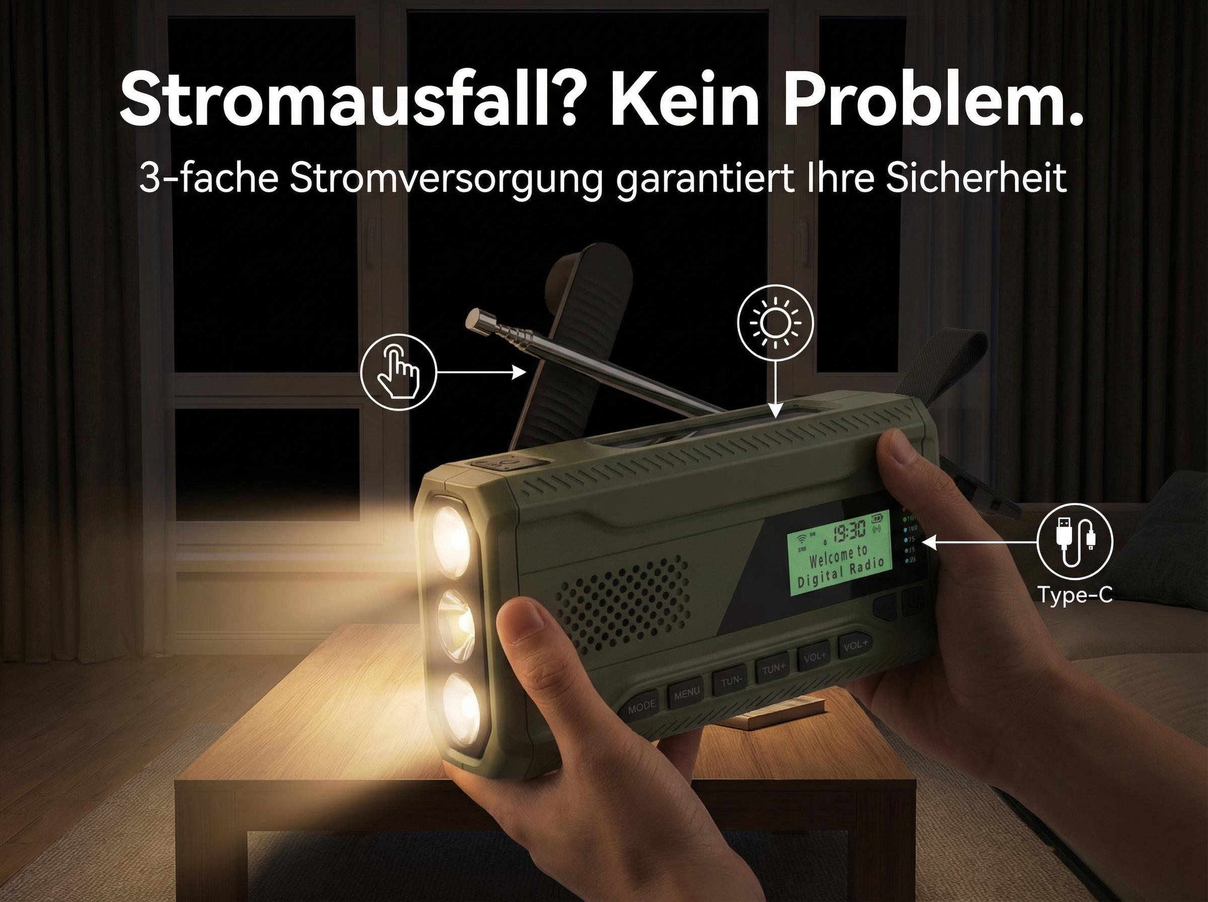 Grünes Radio mit Taschenlampe, Display zeigt Uhrzeit & Text. Hände halten es.