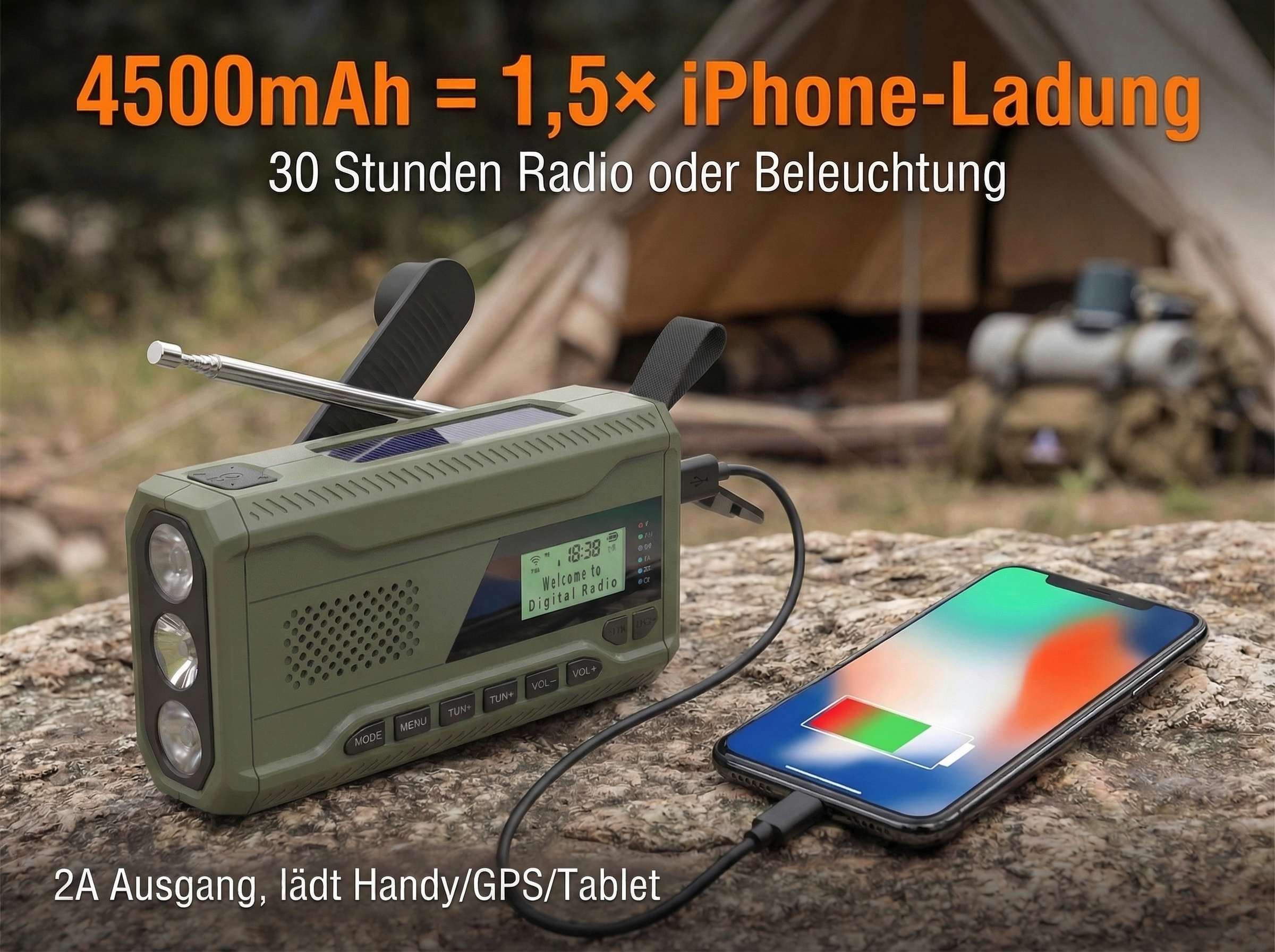 Grünes Campingradio lädt ein iPhone, mit Antenne und Solarpanel.