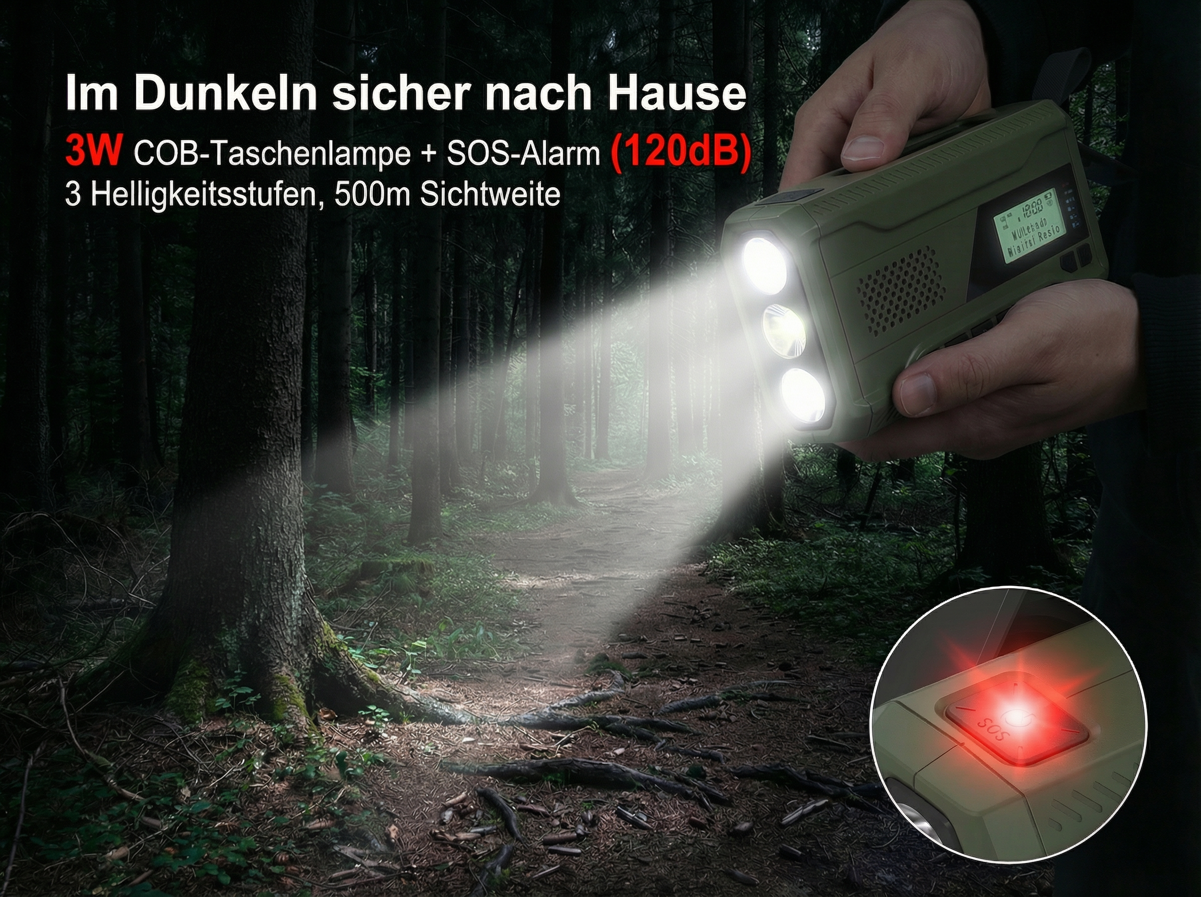 Taschenlampe mit SOS-Alarm beleuchtet Waldweg.