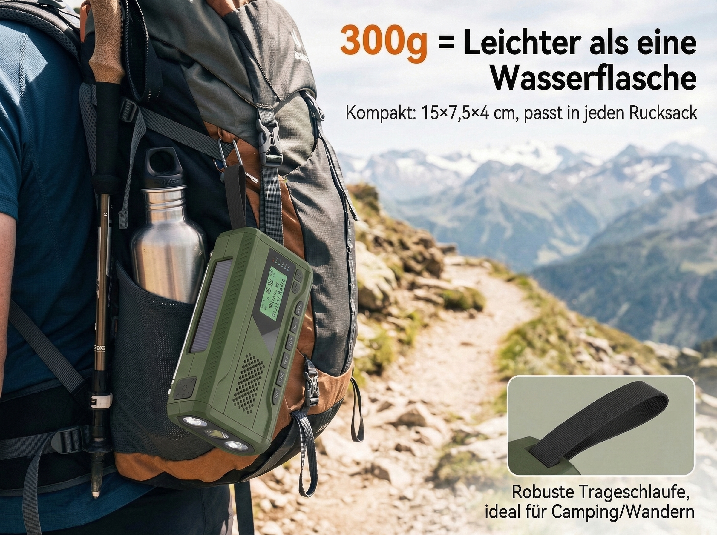 Grünes Notfallradio mit Solarpanel und Taschenlampe an Rucksack.