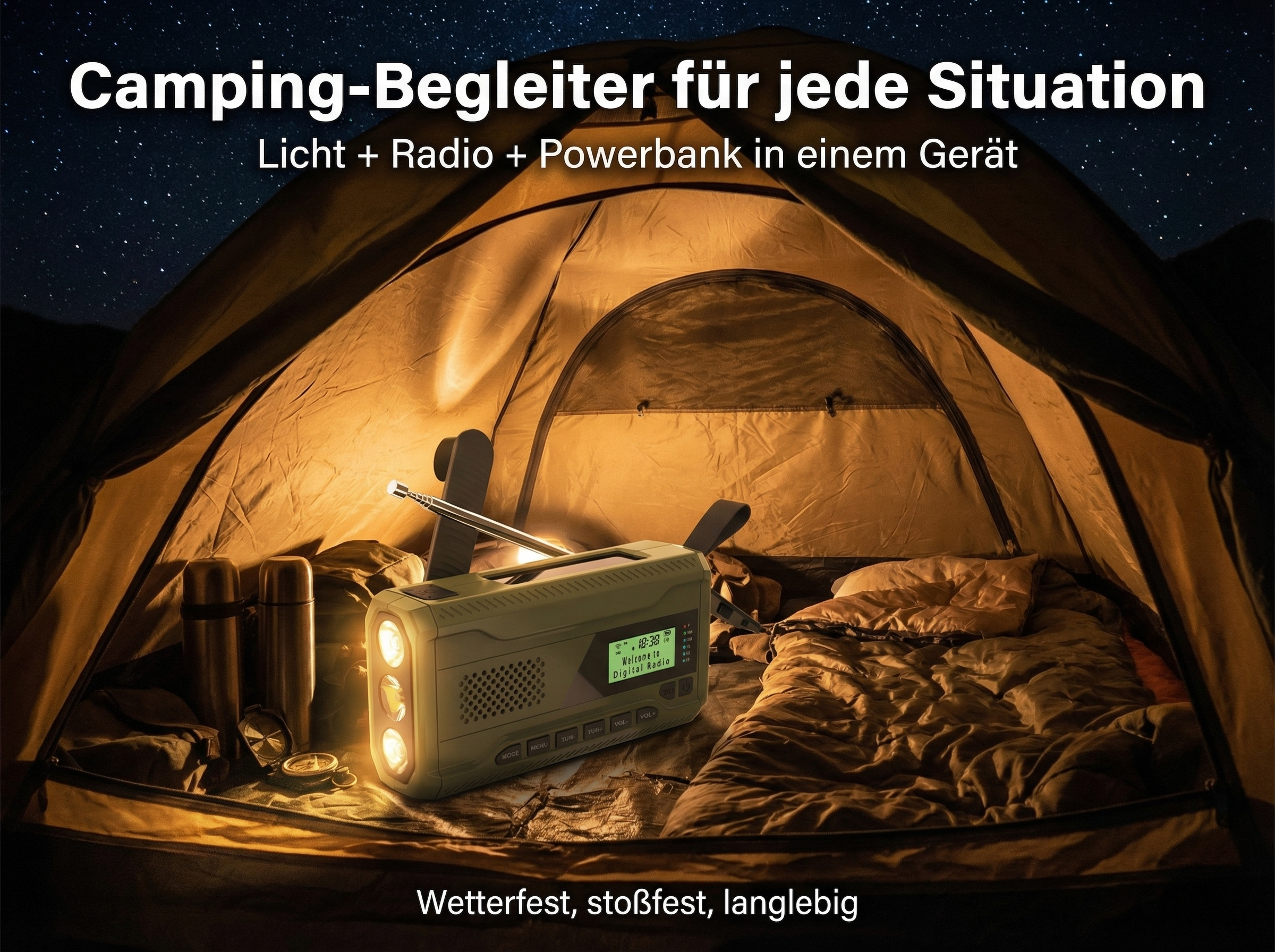 Ein Zelt mit einem Campingradio, Thermoskannen und Schlafsack bei Nacht.