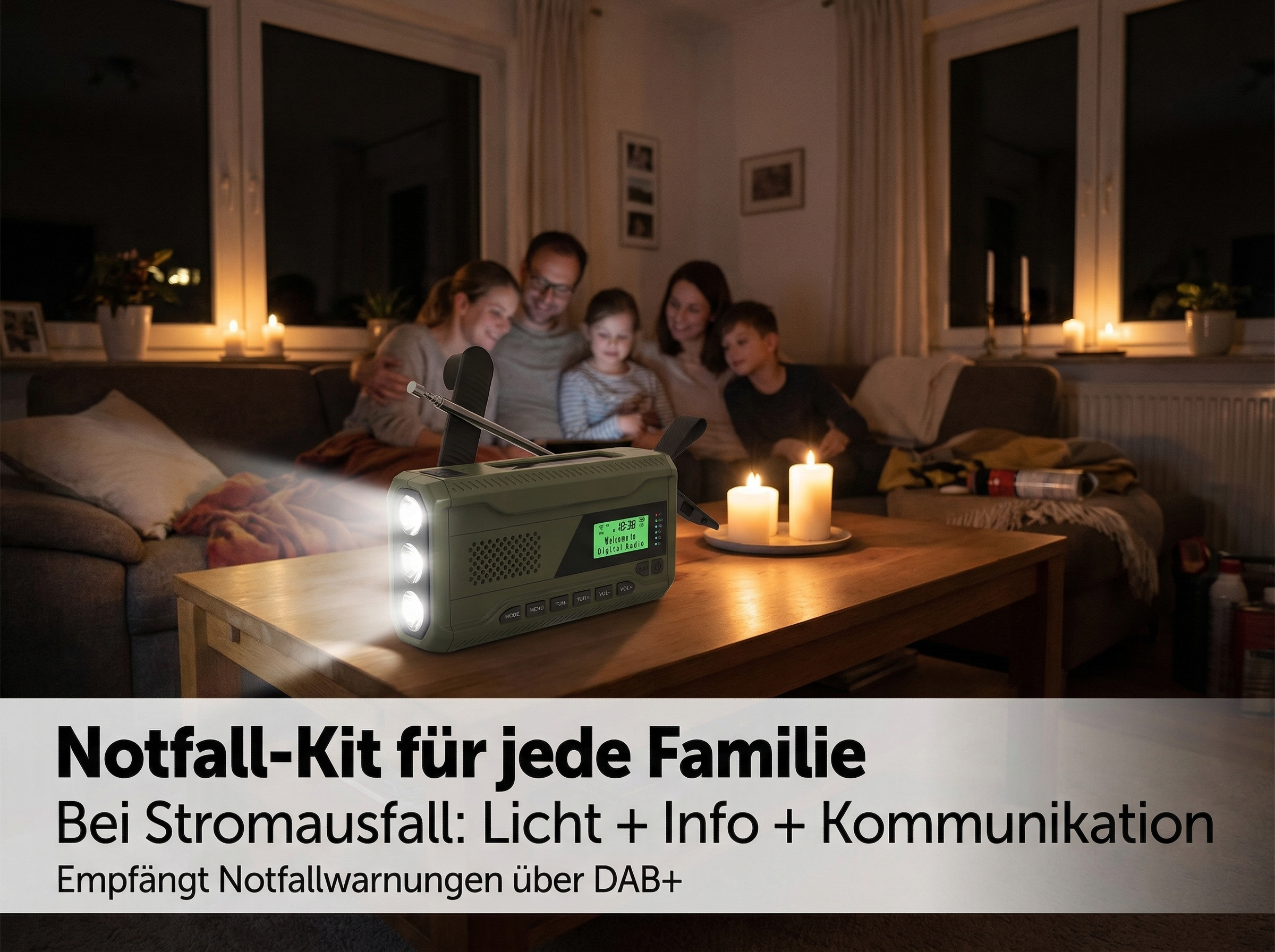 Familie im Dunkeln mit Notfallradio. Licht strahlt.