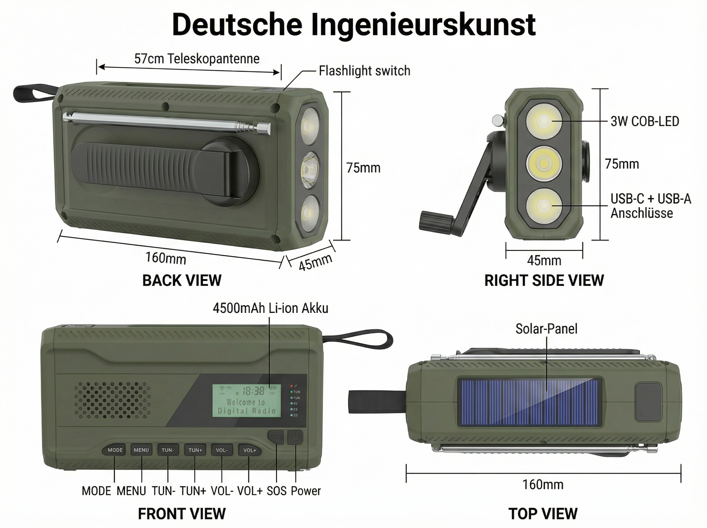 Grünes Notfallradio mit Solarpanel, Kurbel, Taschenlampe und digitalen Display.