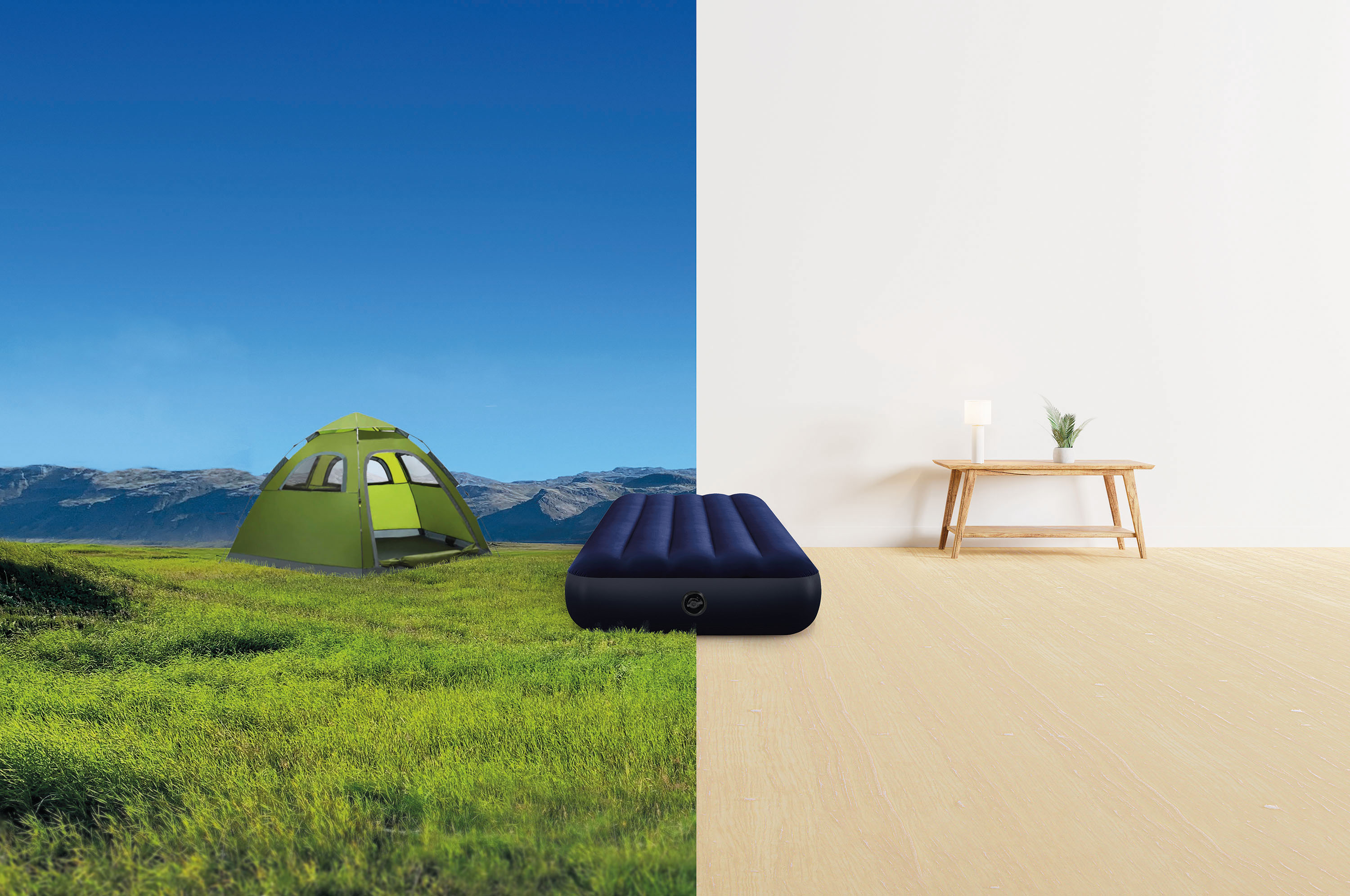 Zielony namiot na trawiastym polu obok materaca dmuchanego w pokoju.