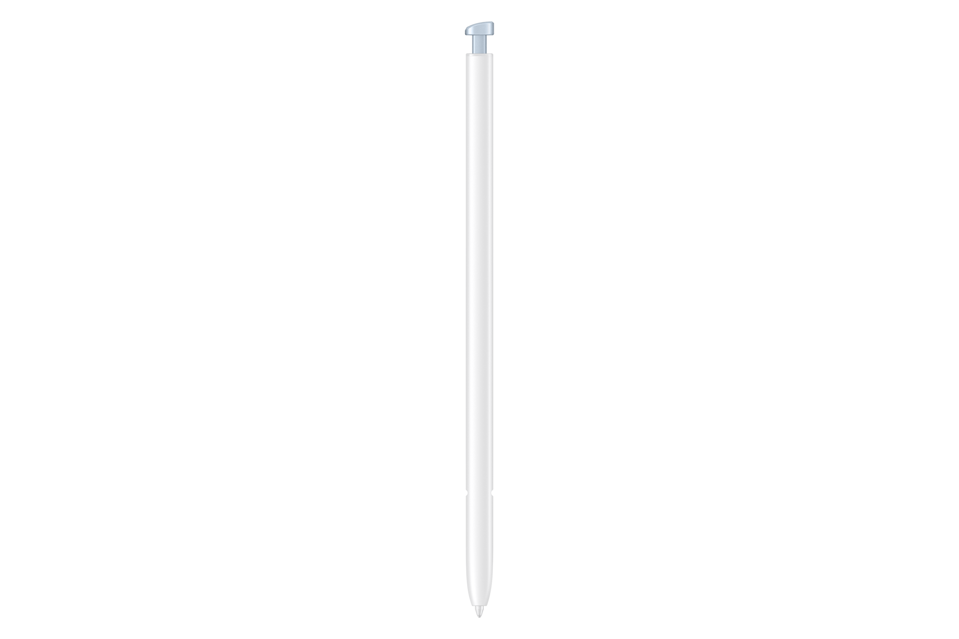 Ein schlanker, weißer Stift mit einem kleinen blauen Knopf an der Spitze.
