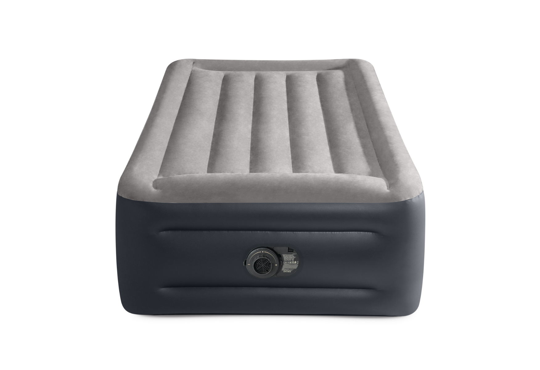 Materac dmuchany z pionowymi żebrowaniami na górze i bocznym zaworem.