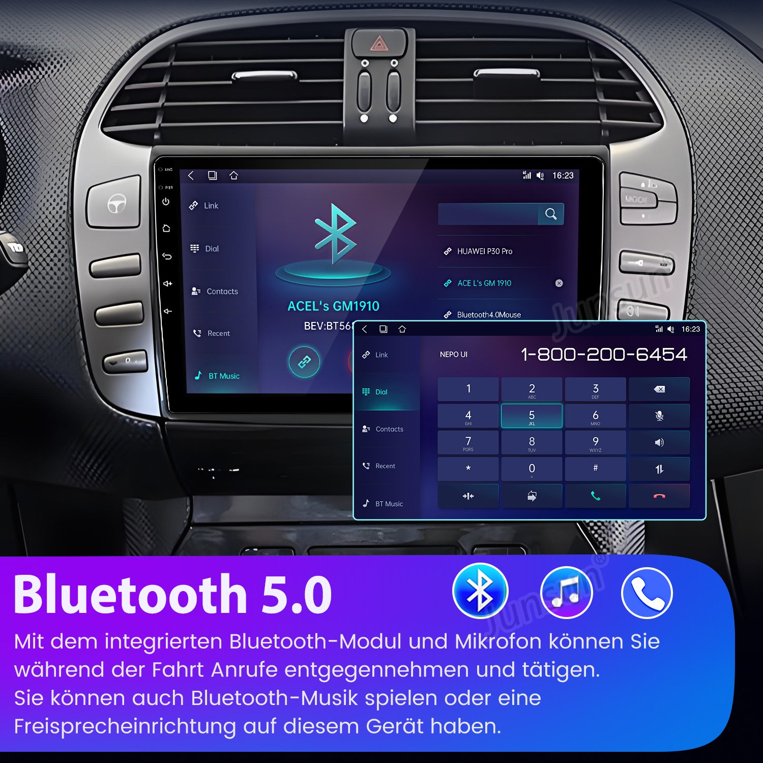 Ein Auto-Infotainmentsystem mit Touchscreen zeigt Bluetooth-Optionen und eine Tastatur an.