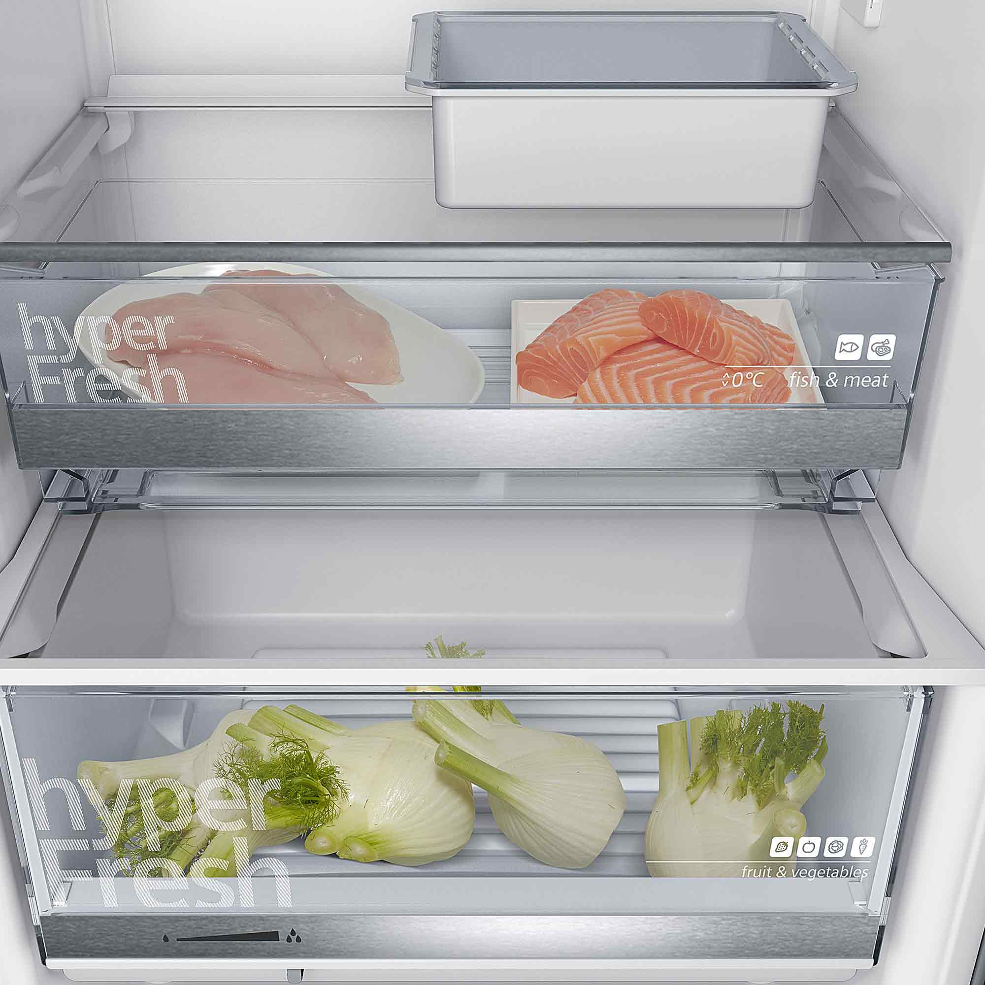 Gefrierfach mit Hähnchenbrust, Lachs, Fenchel und einer weißen Schale.