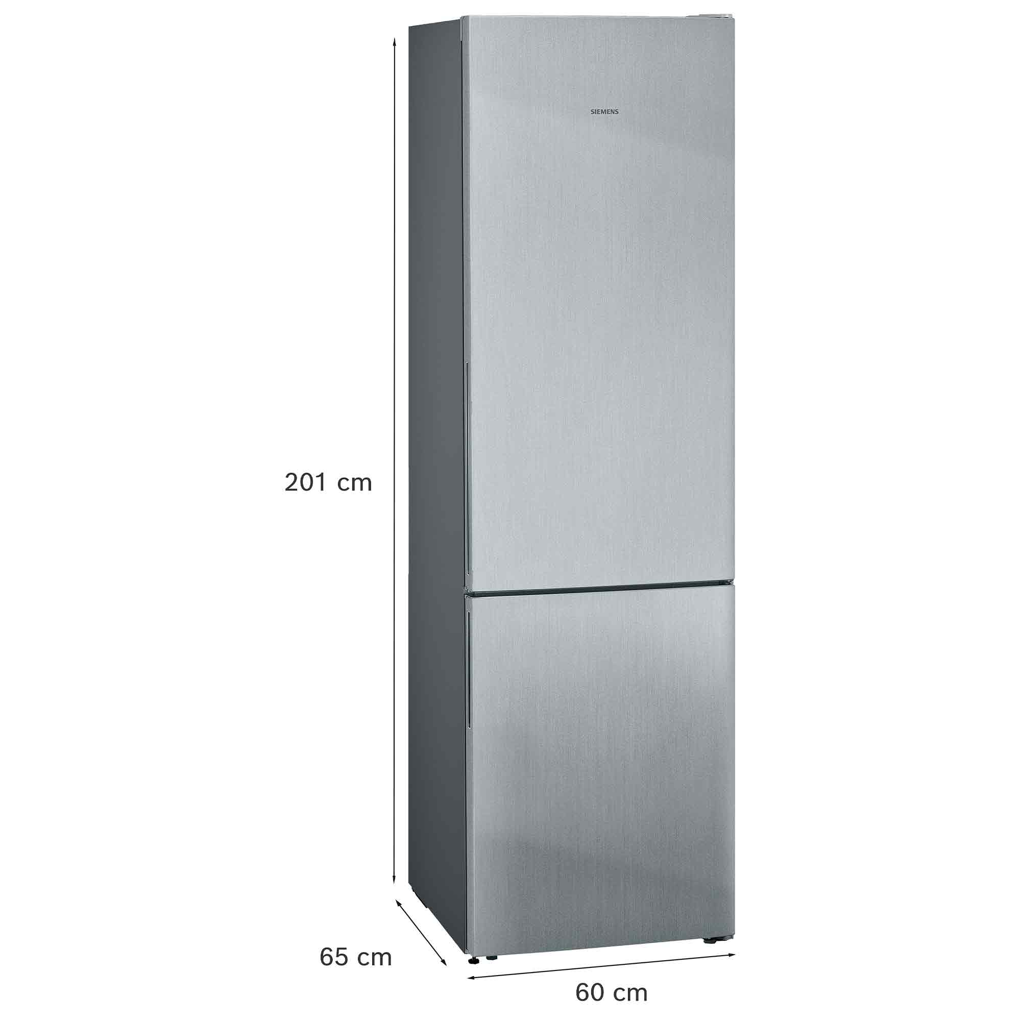 Ein hoher, schmaler silberner Siemens Kühlschrank mit Gefrierfach unten. Höhe 201cm.