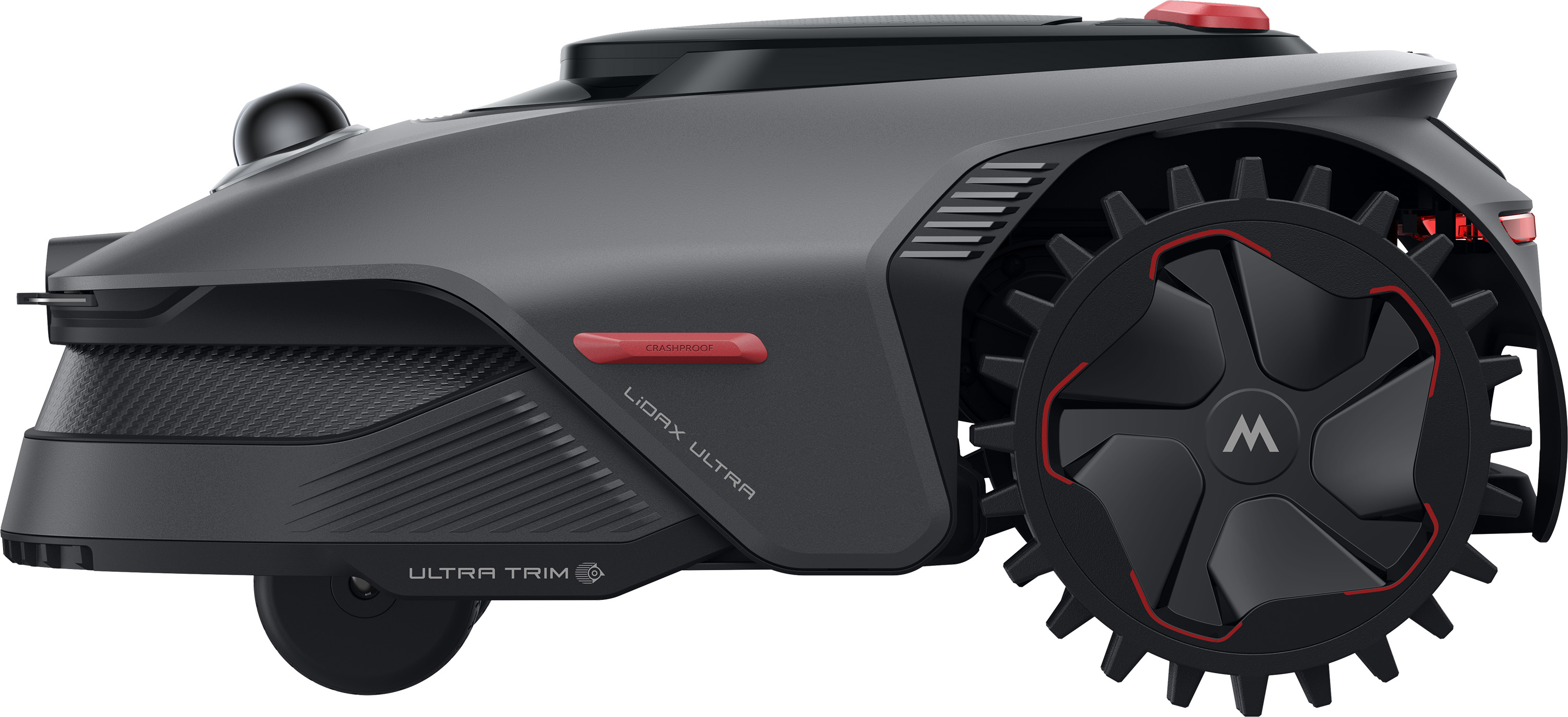 Szara kosiarka robotyczna z dużymi kołami, czerwonym przyciskiem i etykietą 'Crashproof'.