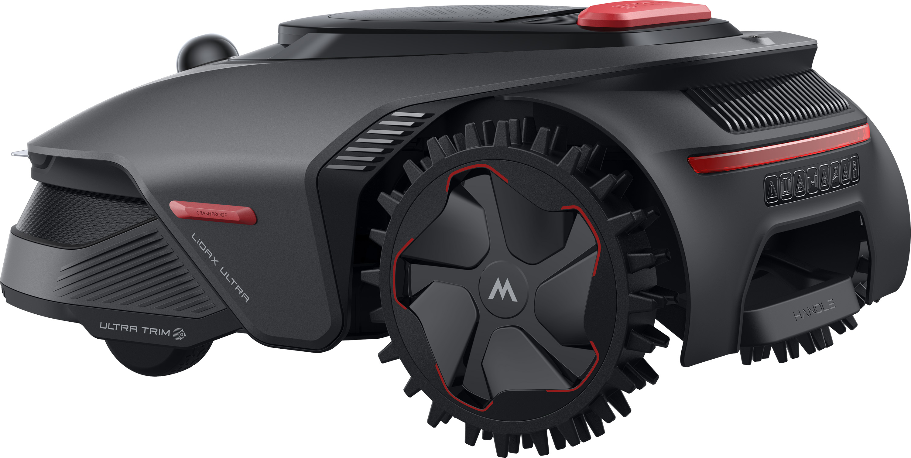 Czarna kosiarka automatyczna z czerwonym przyciskiem i dużymi kołami.