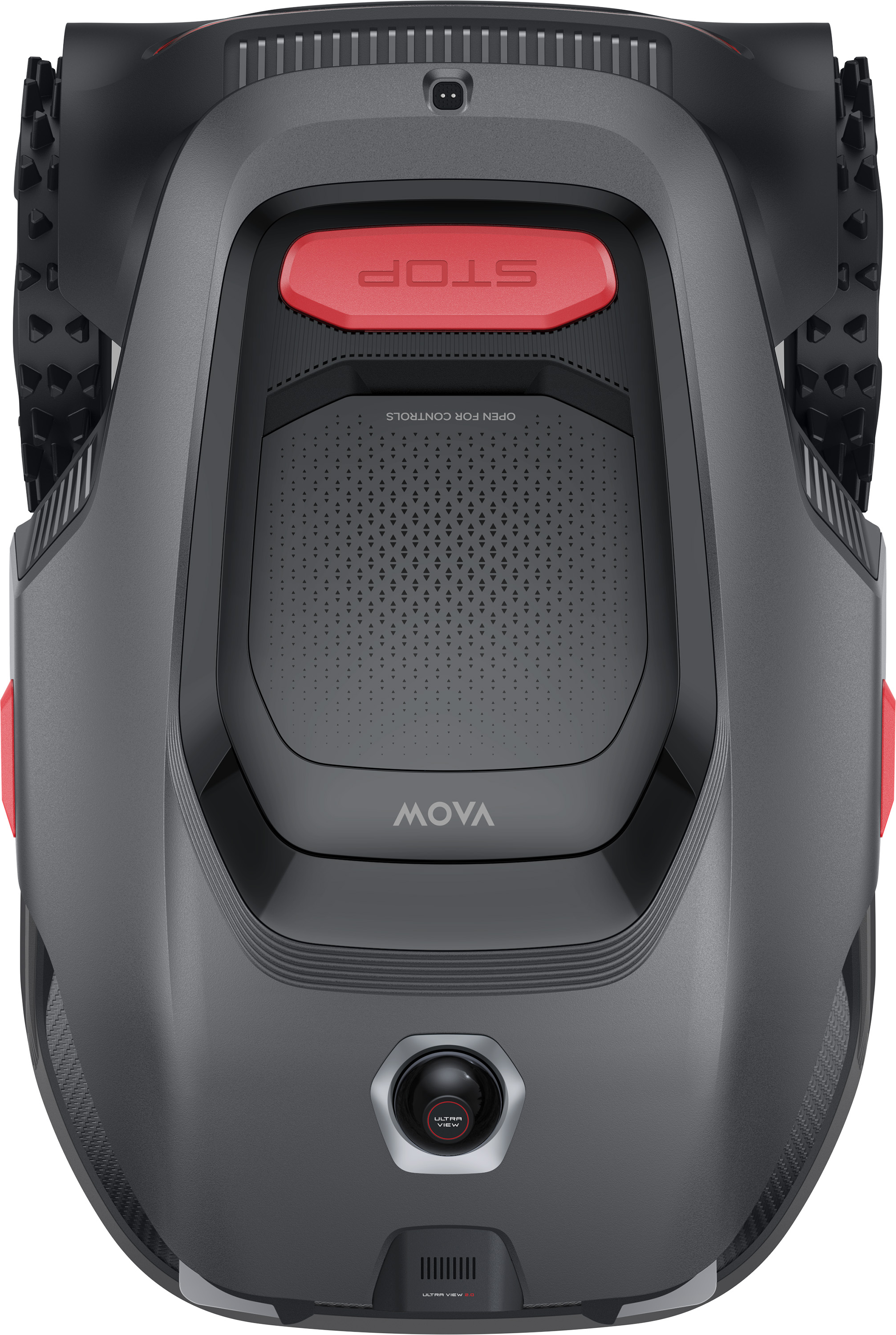 Szara kosiarka robotyczna z czerwonymi akcentami, kamerą i przyciskiem STOP.