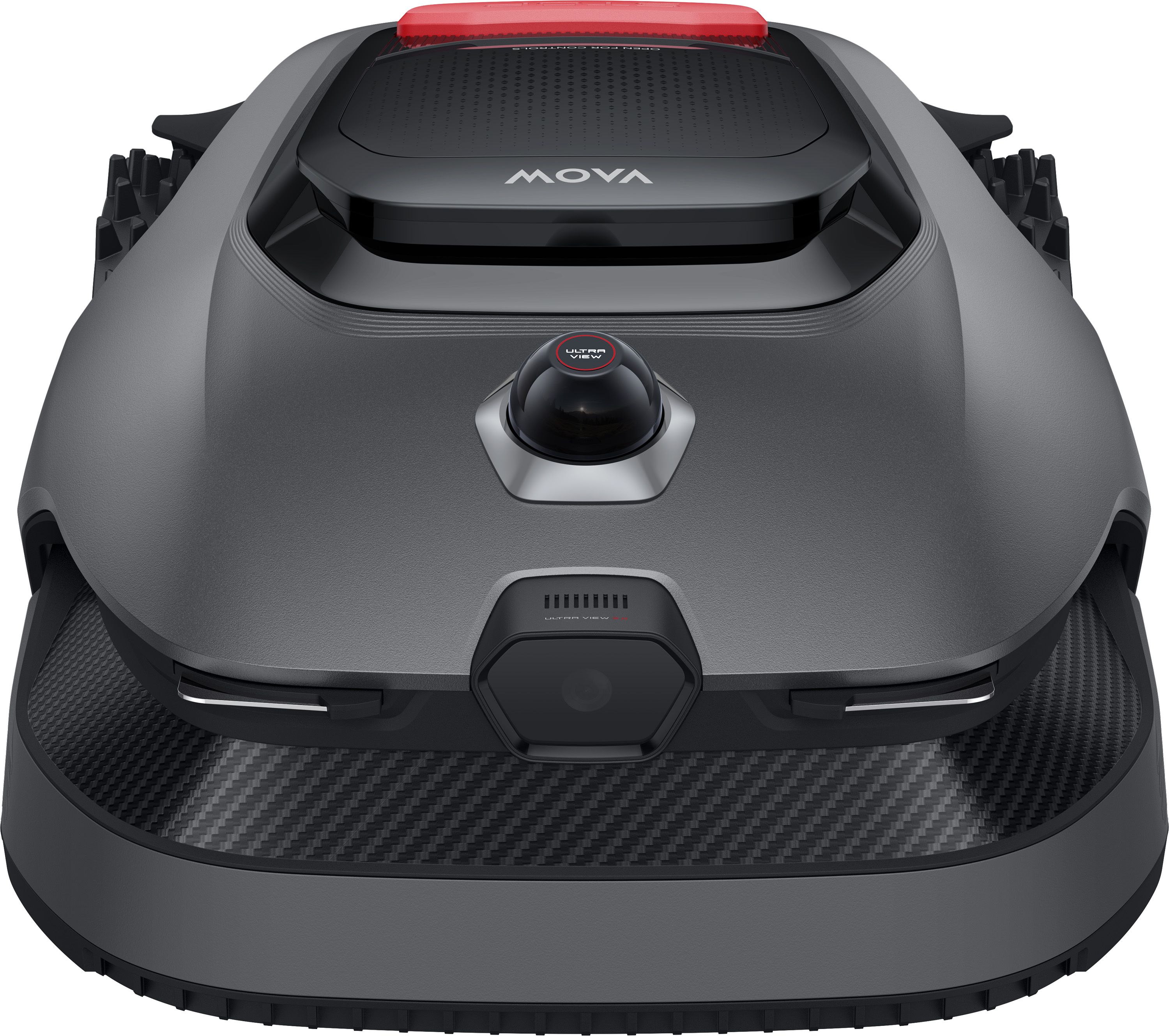 Szara kosiarka robotyczna z czerwonymi i czarnymi akcentami, z kamerą.