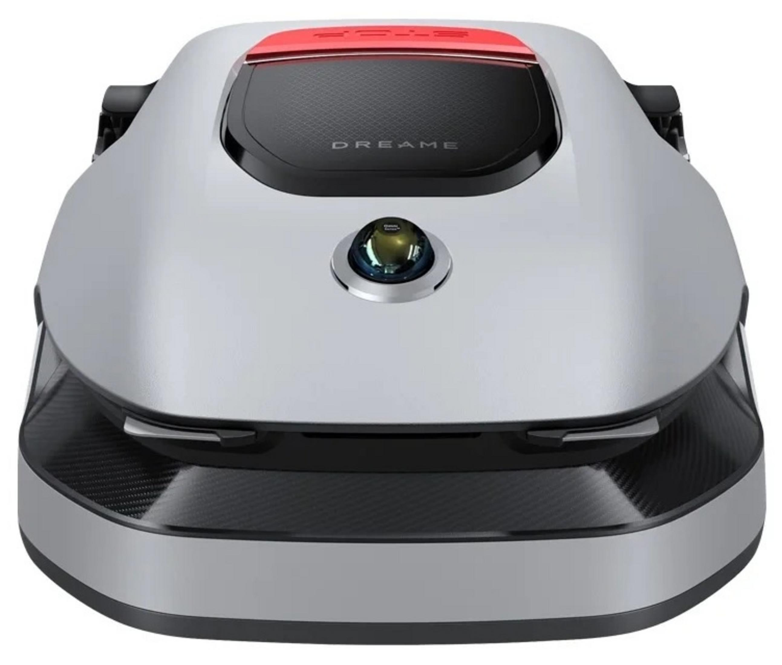 Srebrny robot sprzątający z czerwonym akcentem i czarnym blatem.