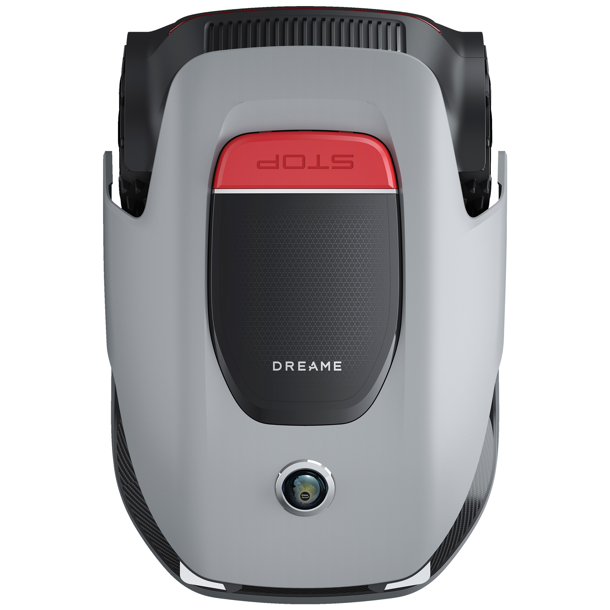 Szary robot sprzątający z czerwonym przyciskiem STOP i kamerą.