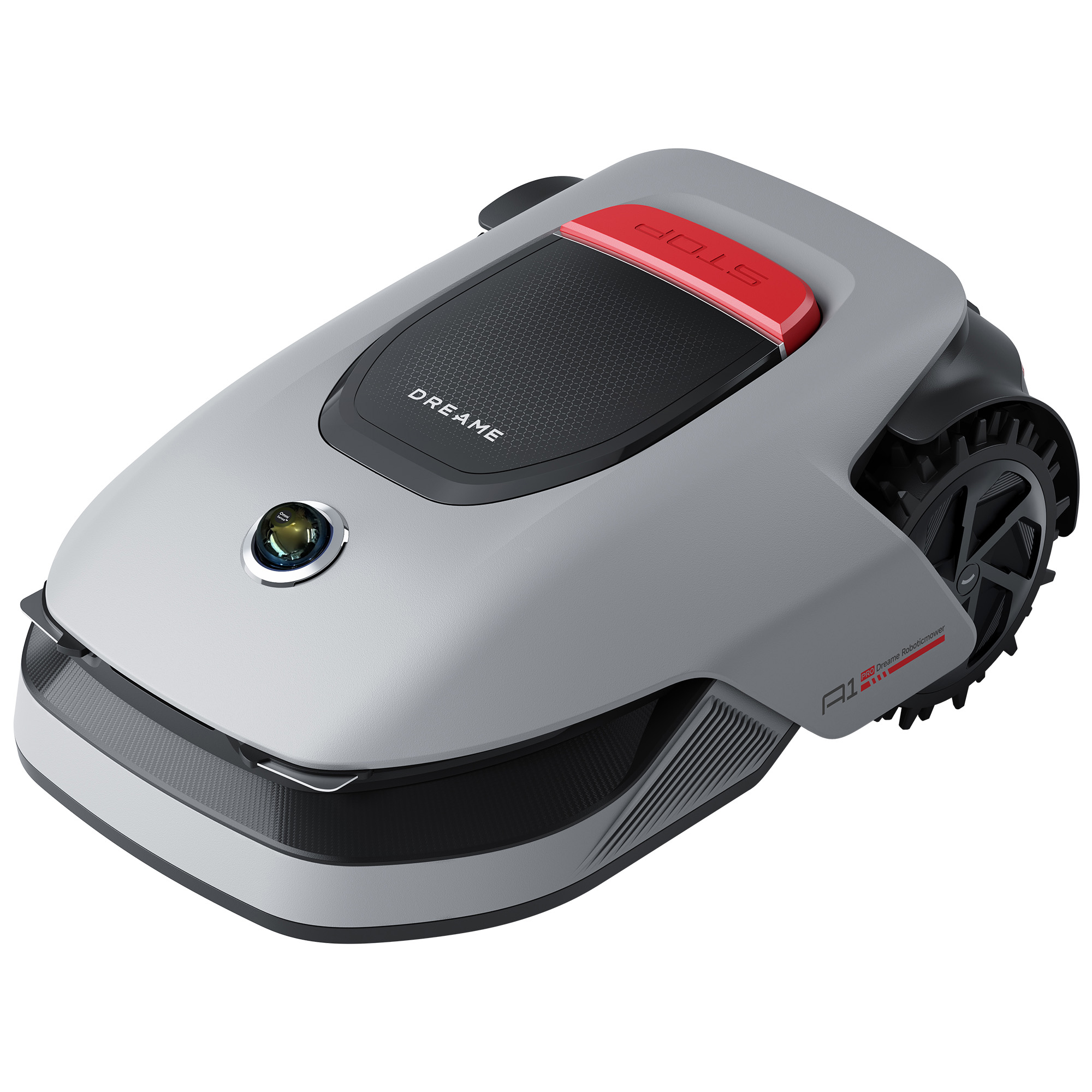 Szara kosiarka robotyczna z czerwonym przyciskiem stop i czarnym teksturowanym blatem.