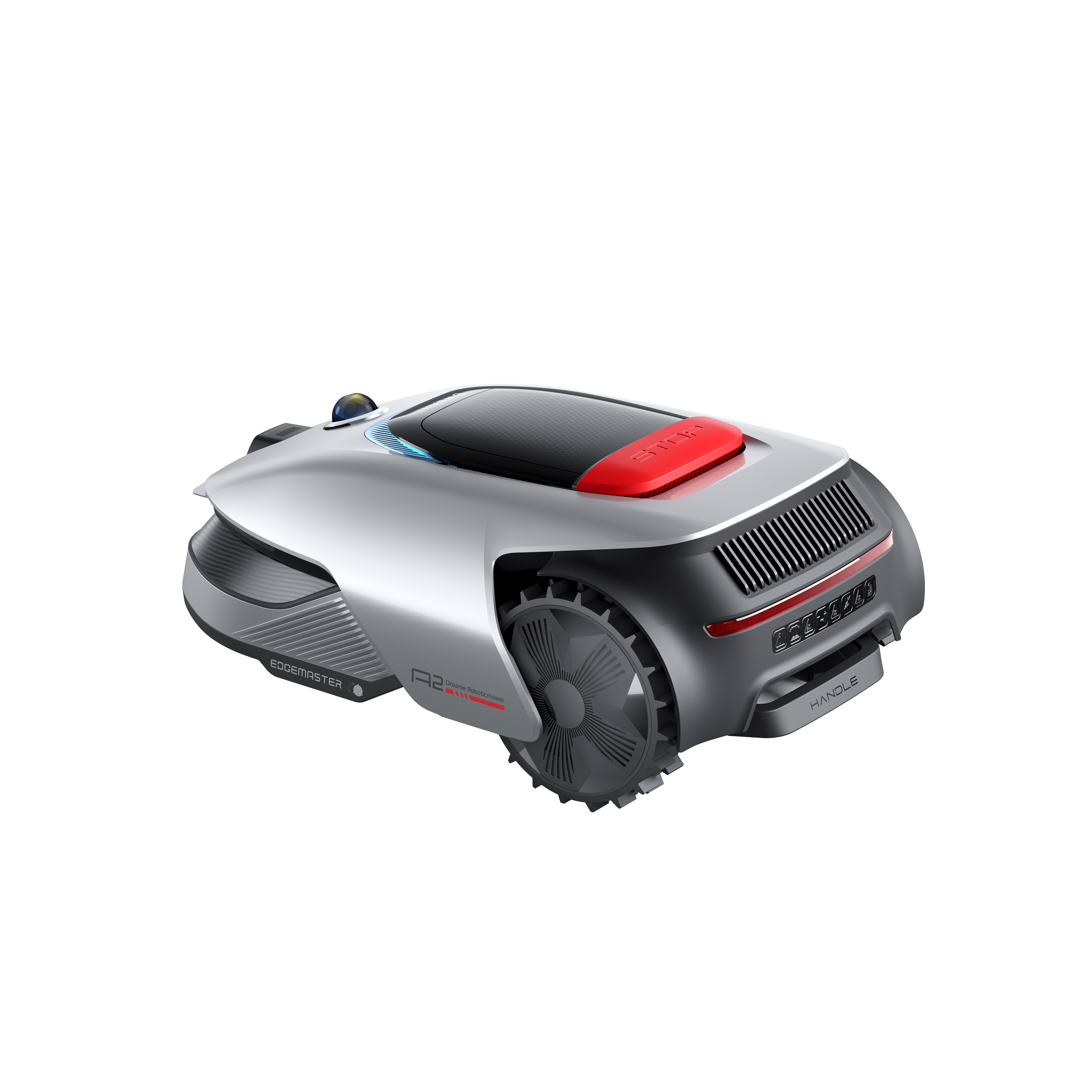Srebrna kosiarka robotyczna z czerwonym przyciskiem stop i czarnym panelem.
