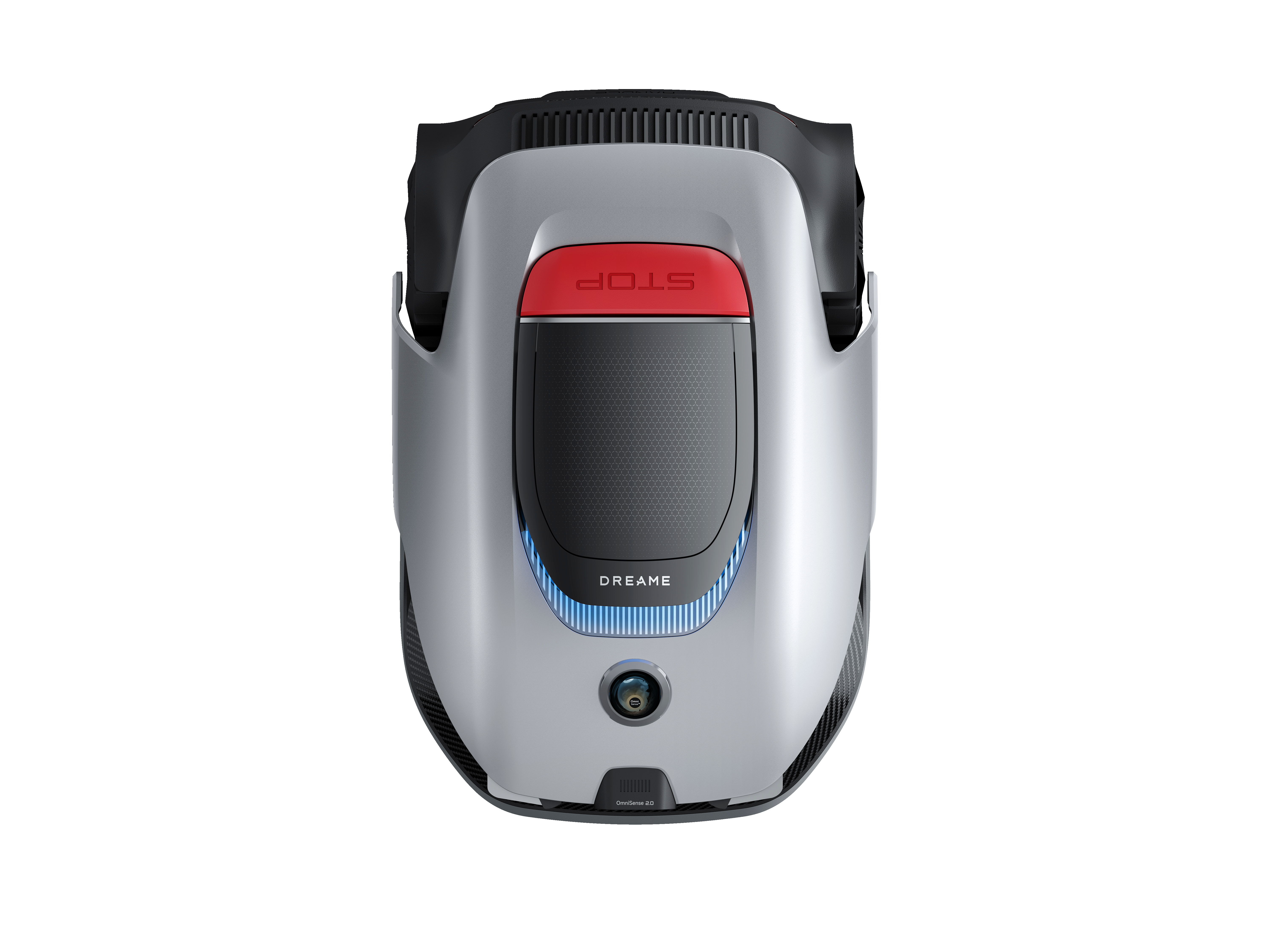 Biały robot sprzątający z czerwonym przyciskiem stop i niebieskimi światłami.