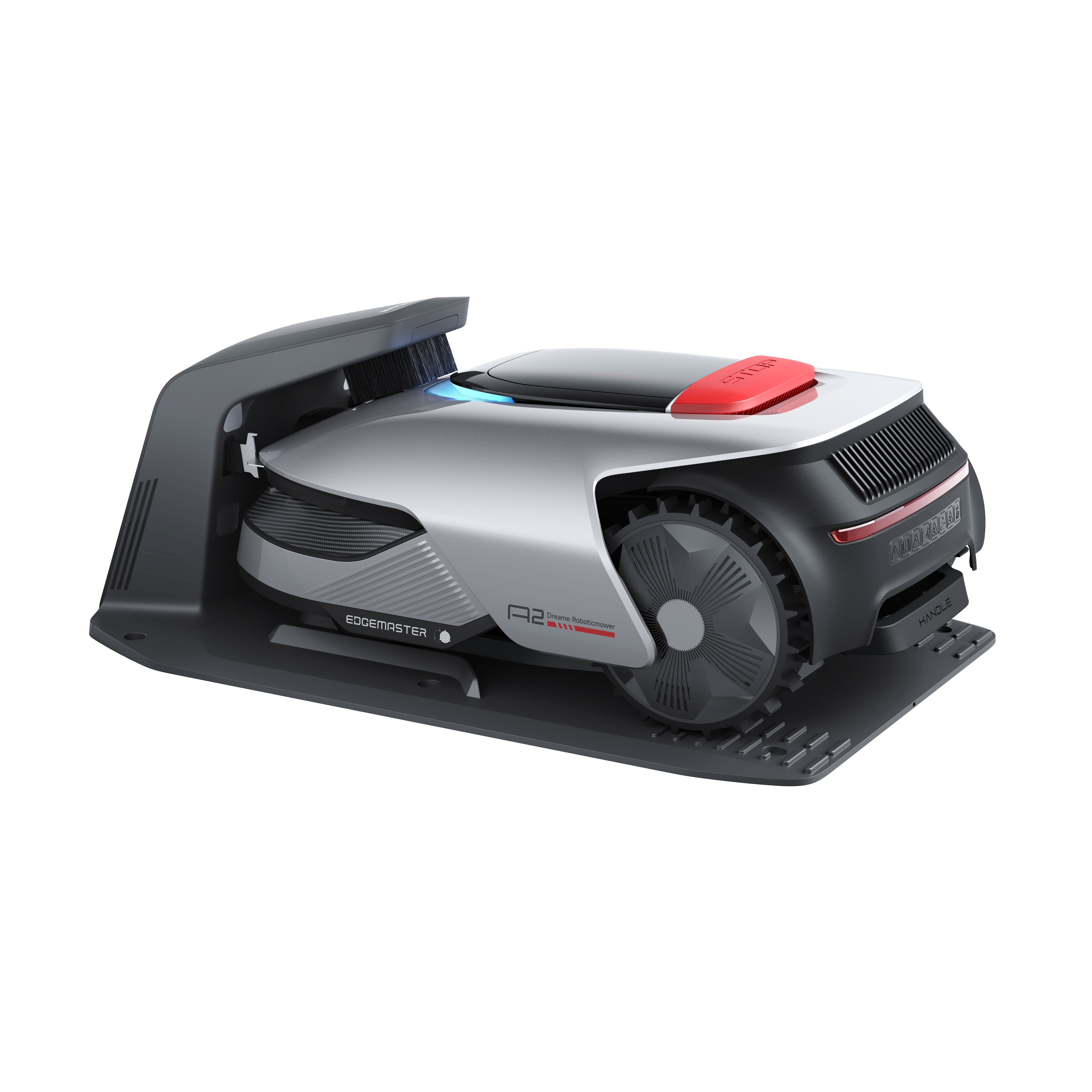 Biała i szara kosiarka robotyczna z czerwonym przyciskiem znajduje się na ciemnoszarej podstawie ładującej.