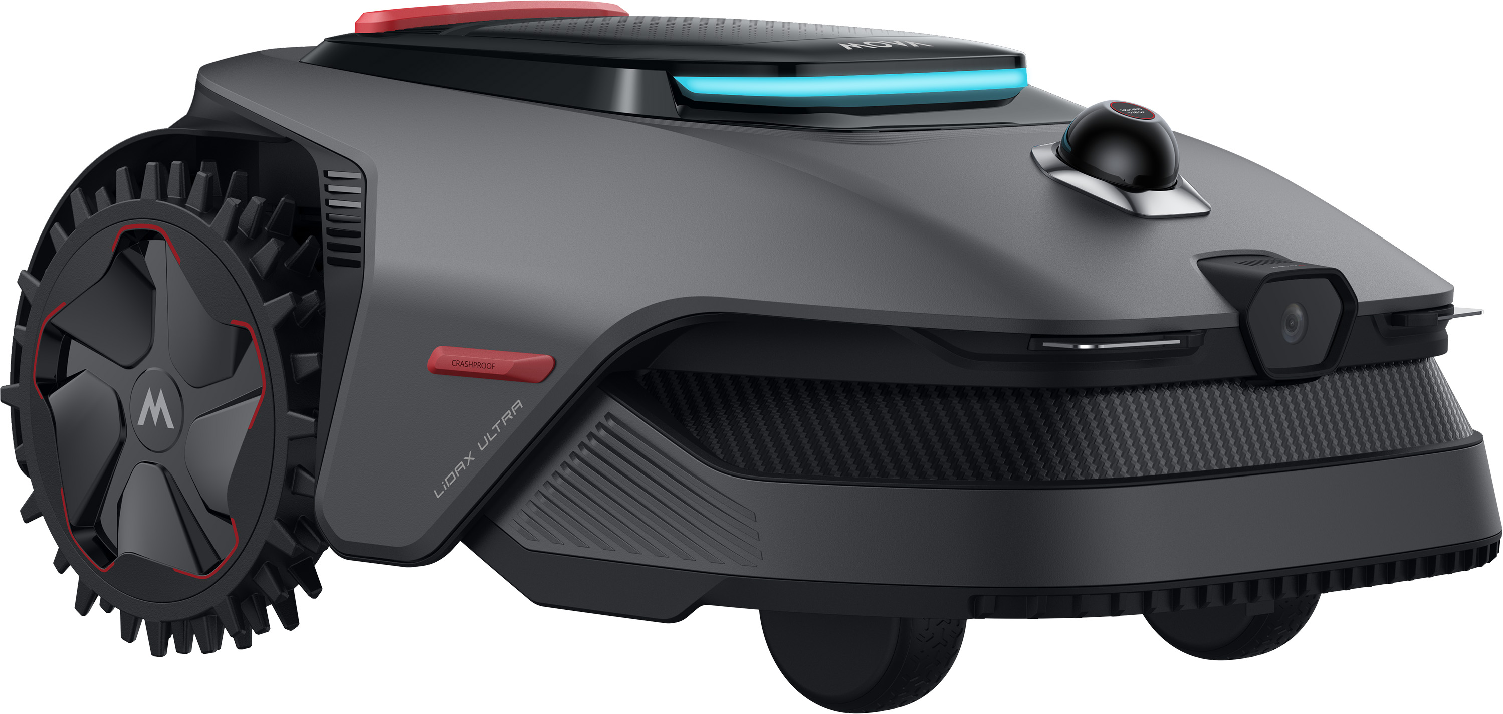 Szary robot koszący z czarnym kołem i czerwonym akcentem.