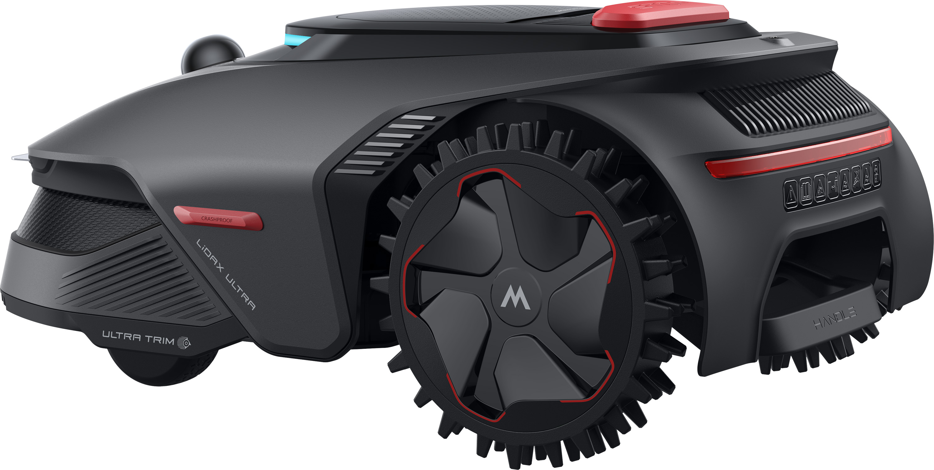 Ciemnoszara kosiarka automatyczna z czerwonym przyciskiem, czarnymi kołami i niebieskim światłem.