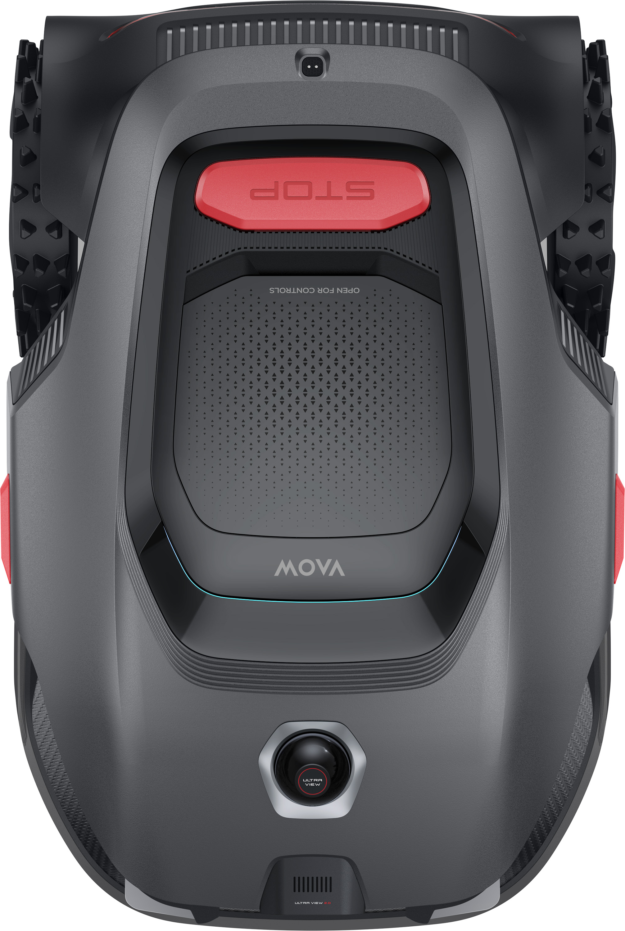 Szary robot koszący z czerwonym przyciskiem stop i oznaczeniem MOVA.