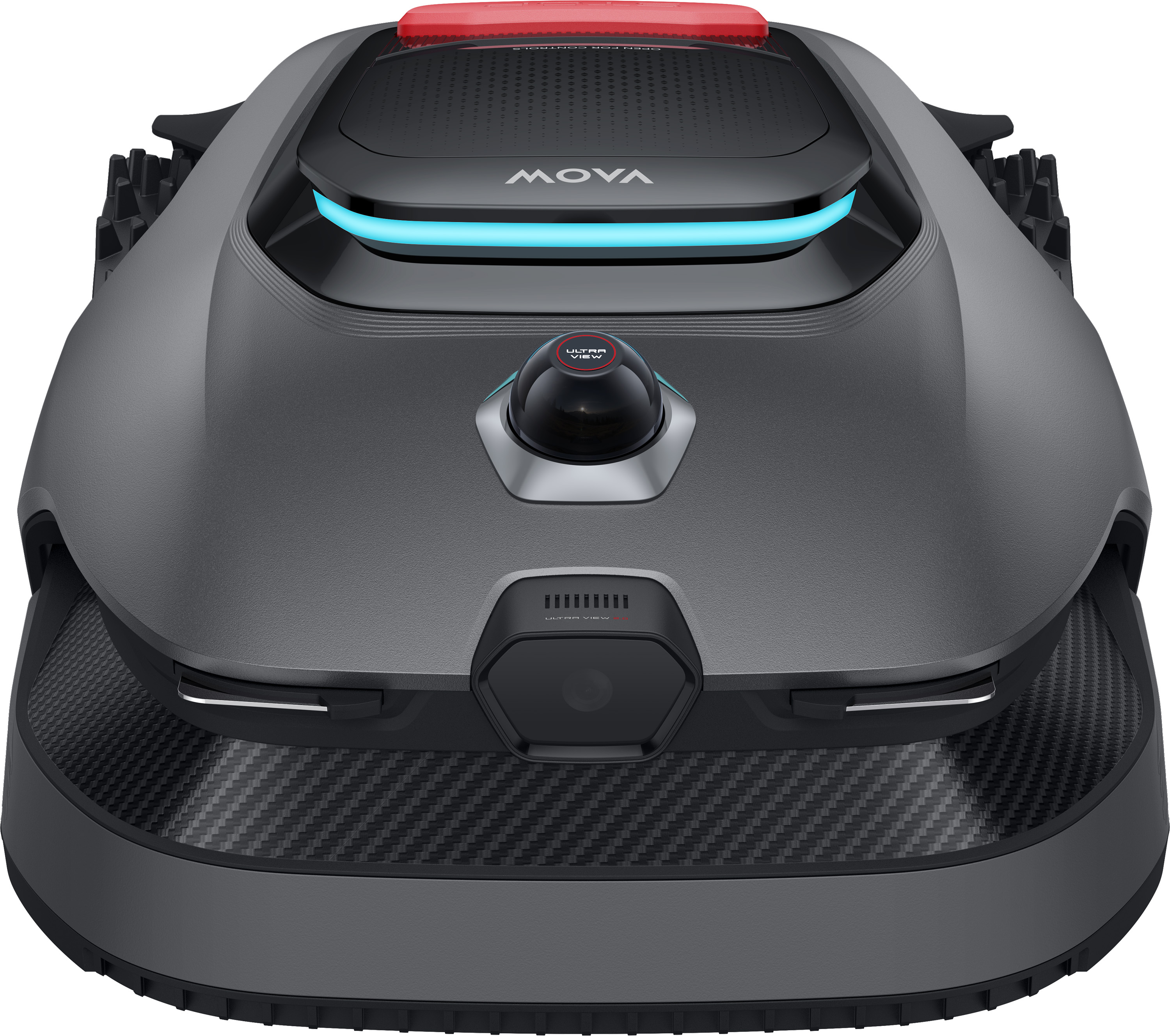 Szara kosiarka robotyczna z niebieskim paskiem LED i czerwonym przyciskiem.