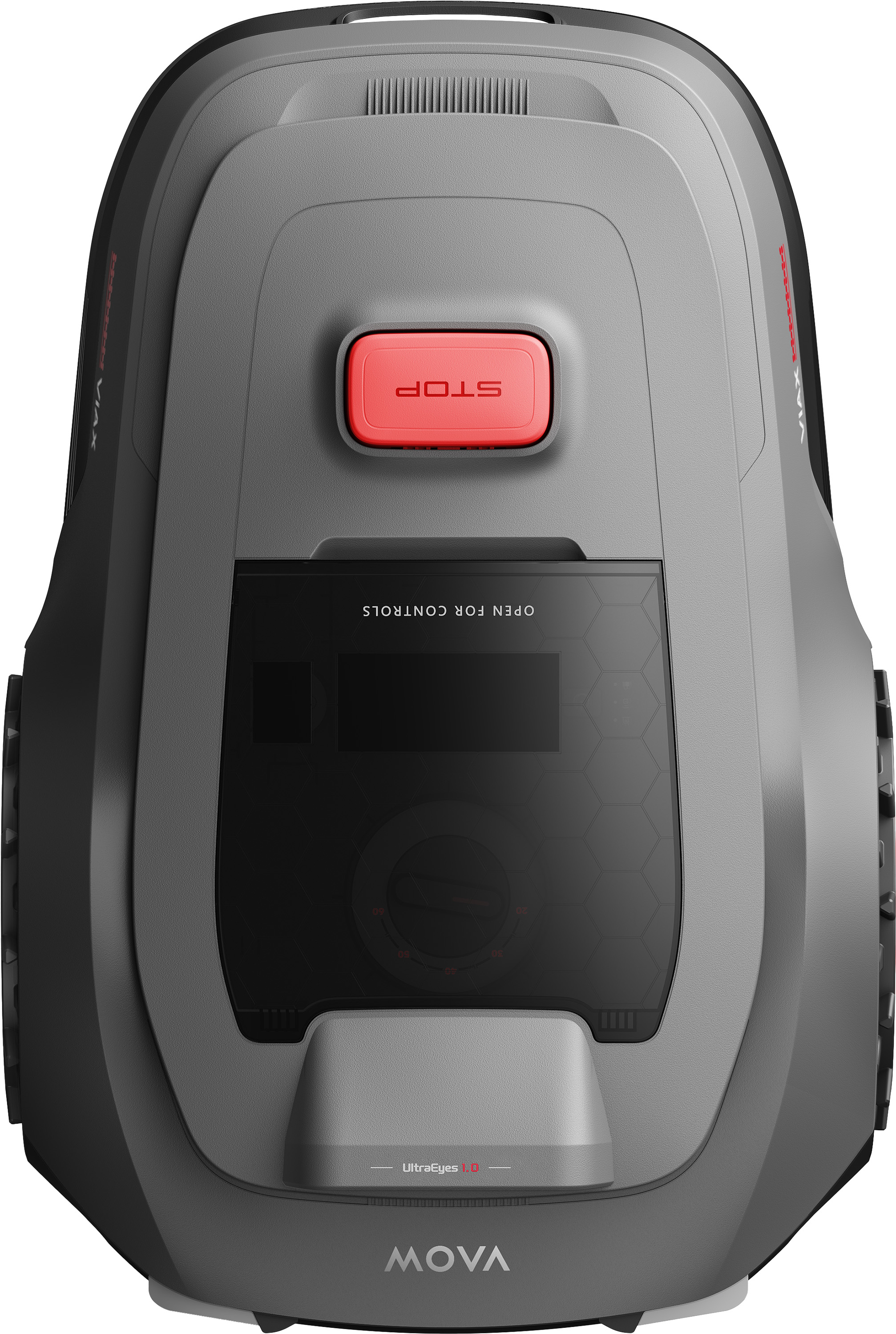 Szary i czarny robot sprzątający z czerwonym przyciskiem stop i cyfrowym wyświetlaczem.