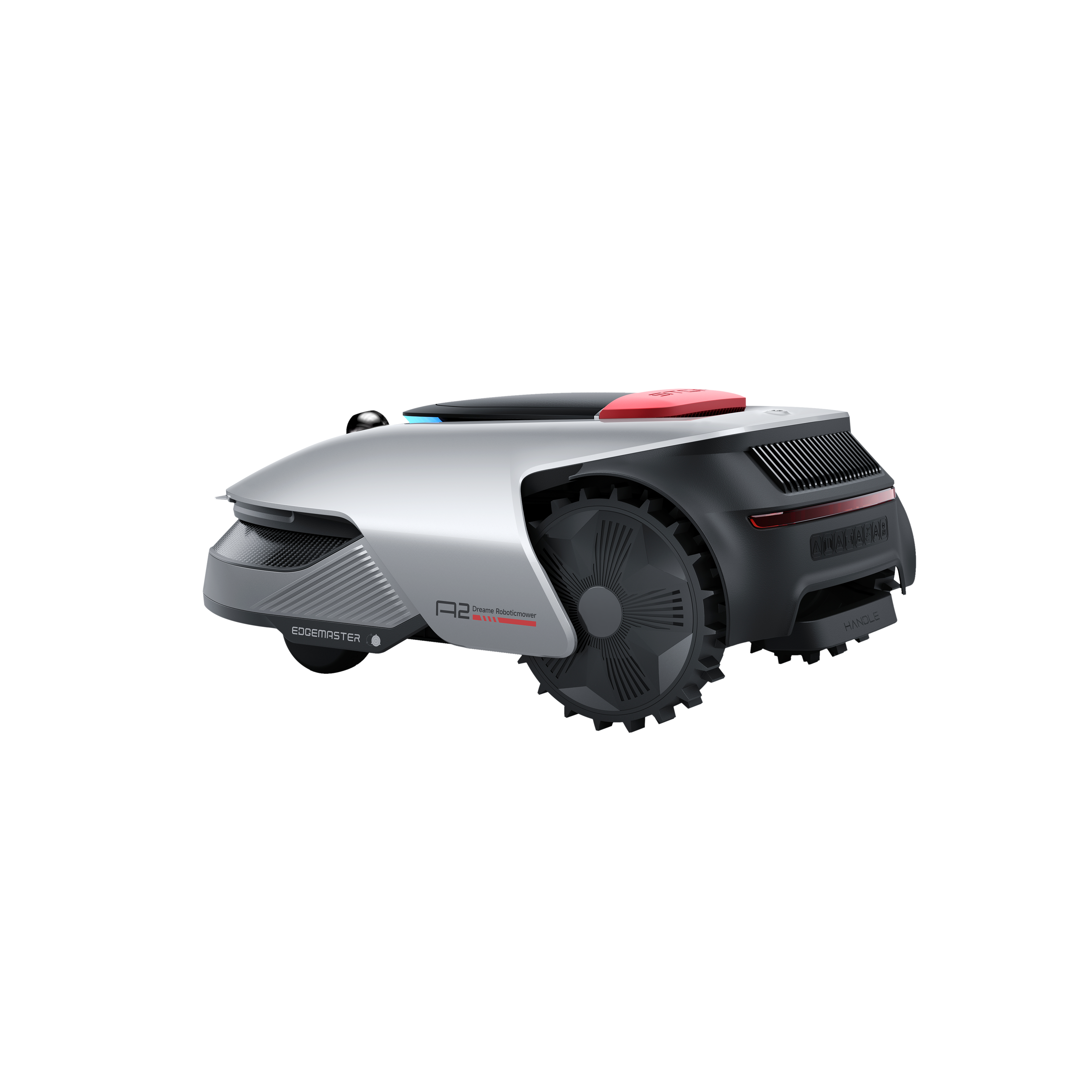 Srebrny robot koszący z czerwonym przyciskiem na czarnym tle.