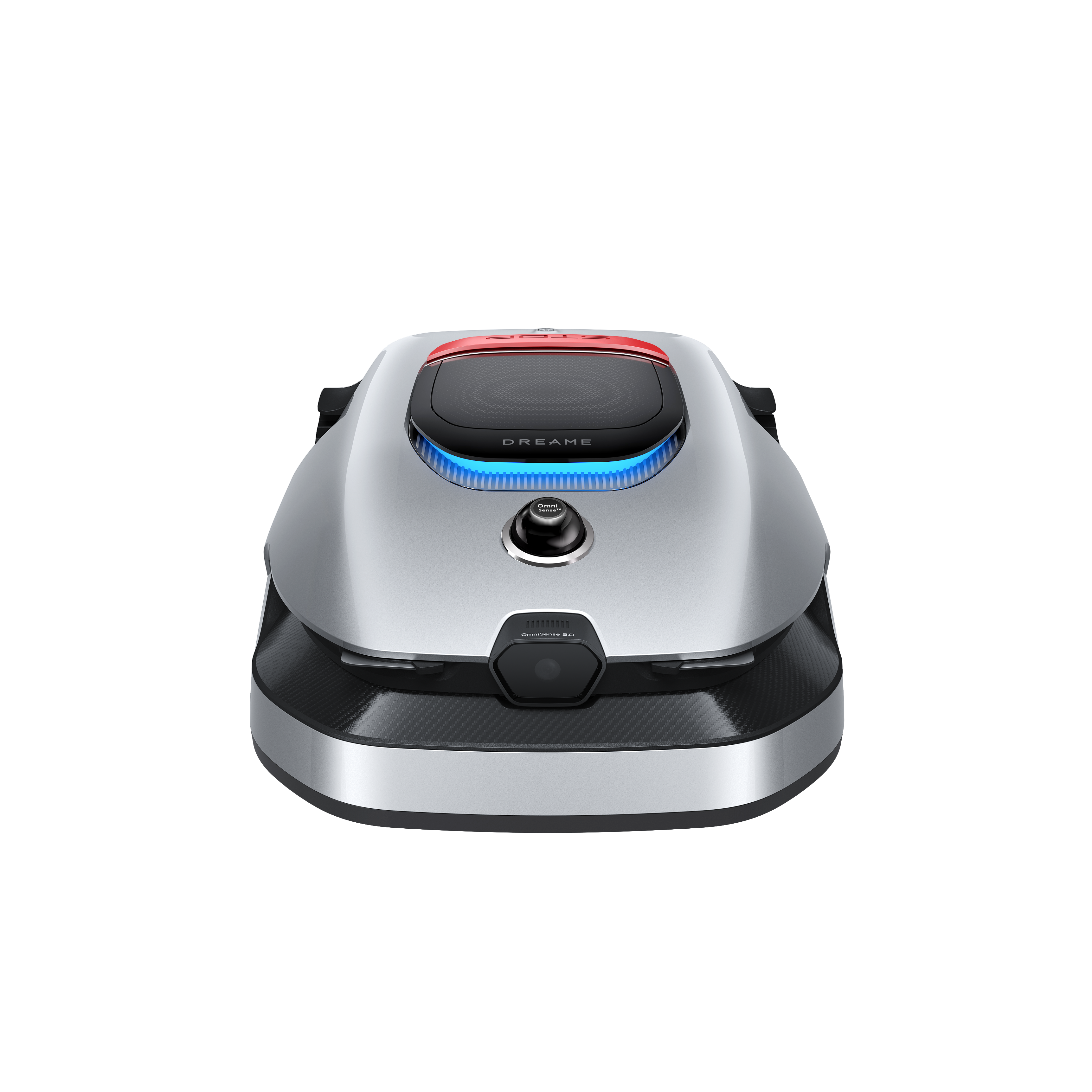 Srebrna kosiarka robotyczna z czerwoną górą i niebieskimi światłami.