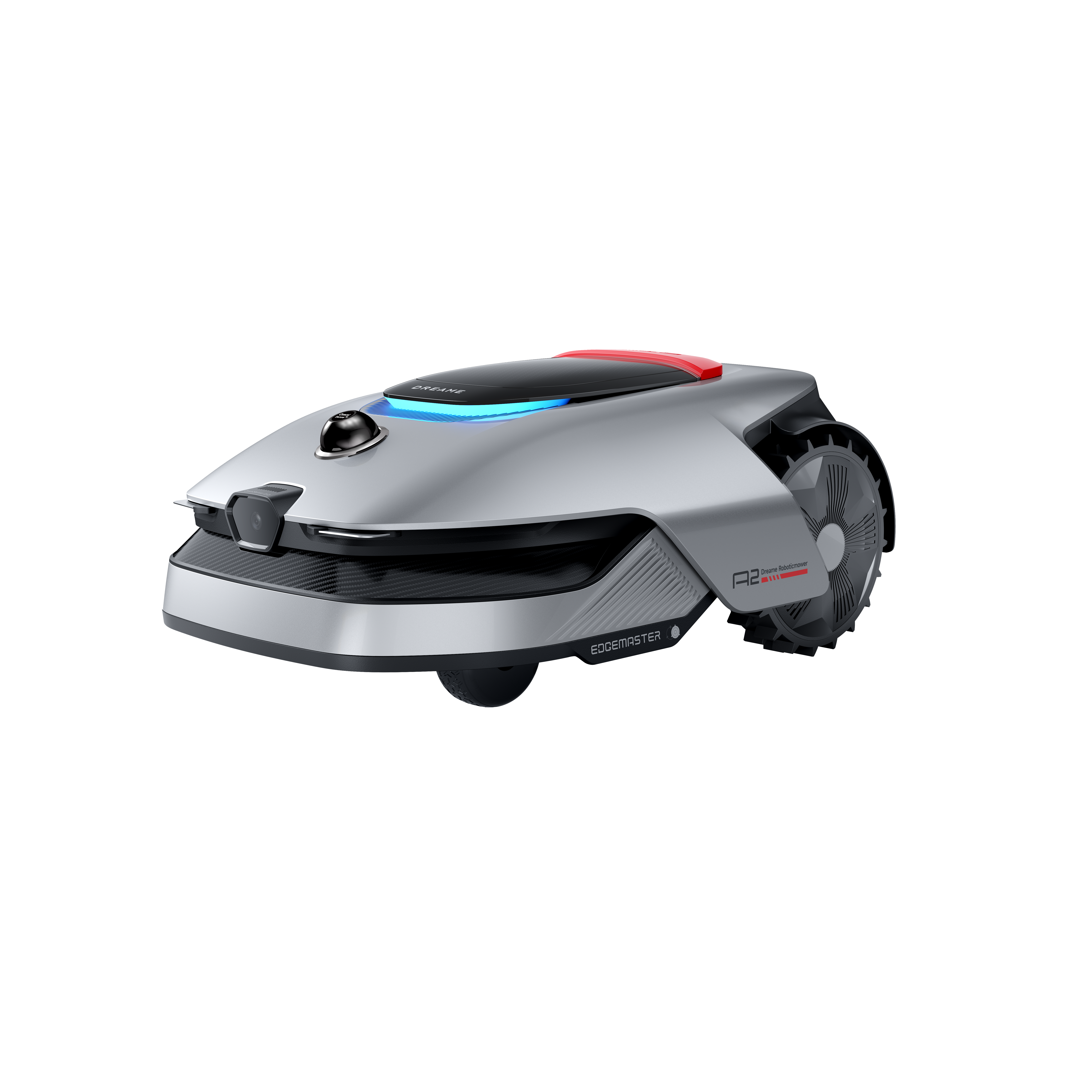 Srebrna kosiarka automatyczna z niebieskimi i czerwonymi światłami. Posiada kamerę i duże koło.