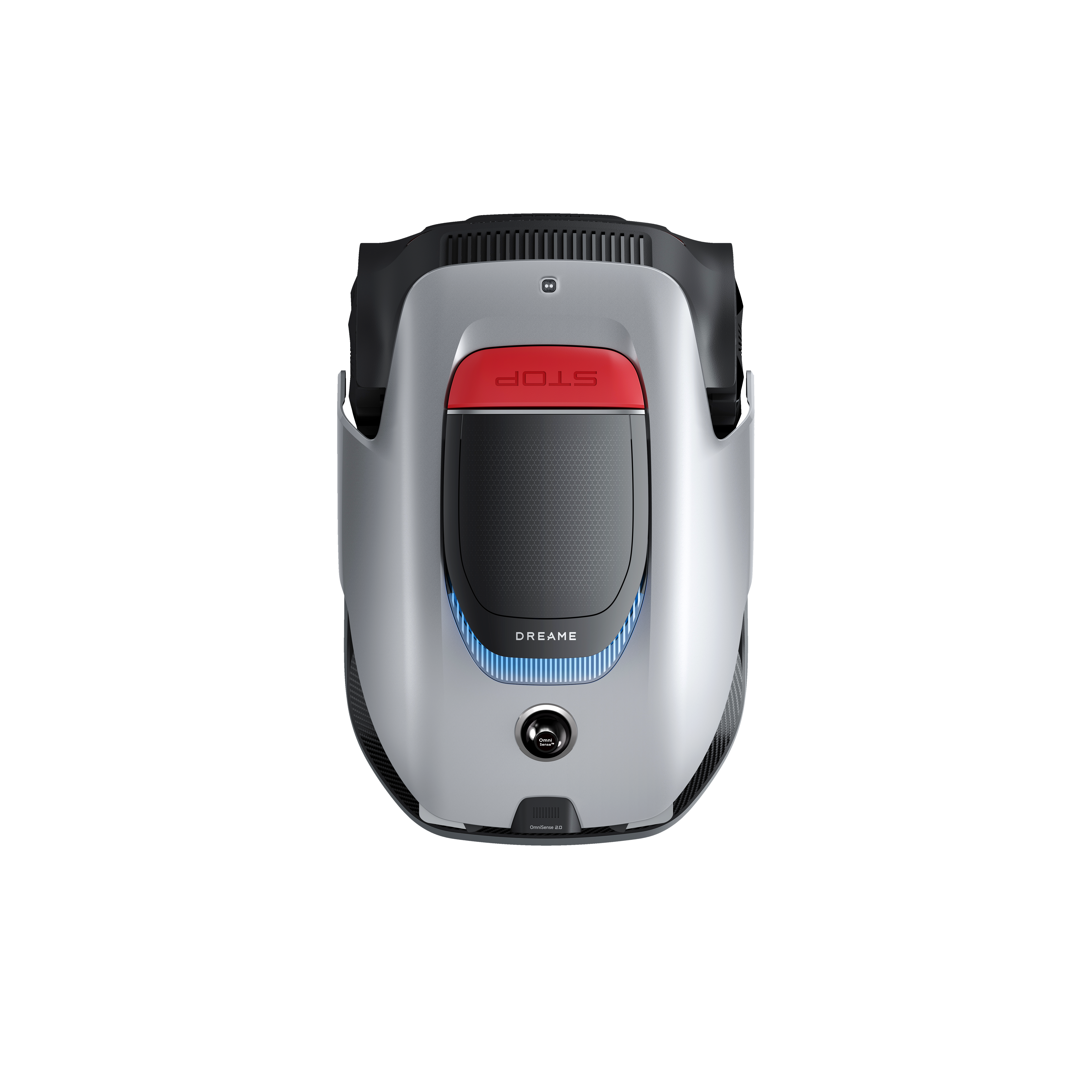 Srebrny robot sprzątający z czerwonym przyciskiem stop i niebieskimi światłami.