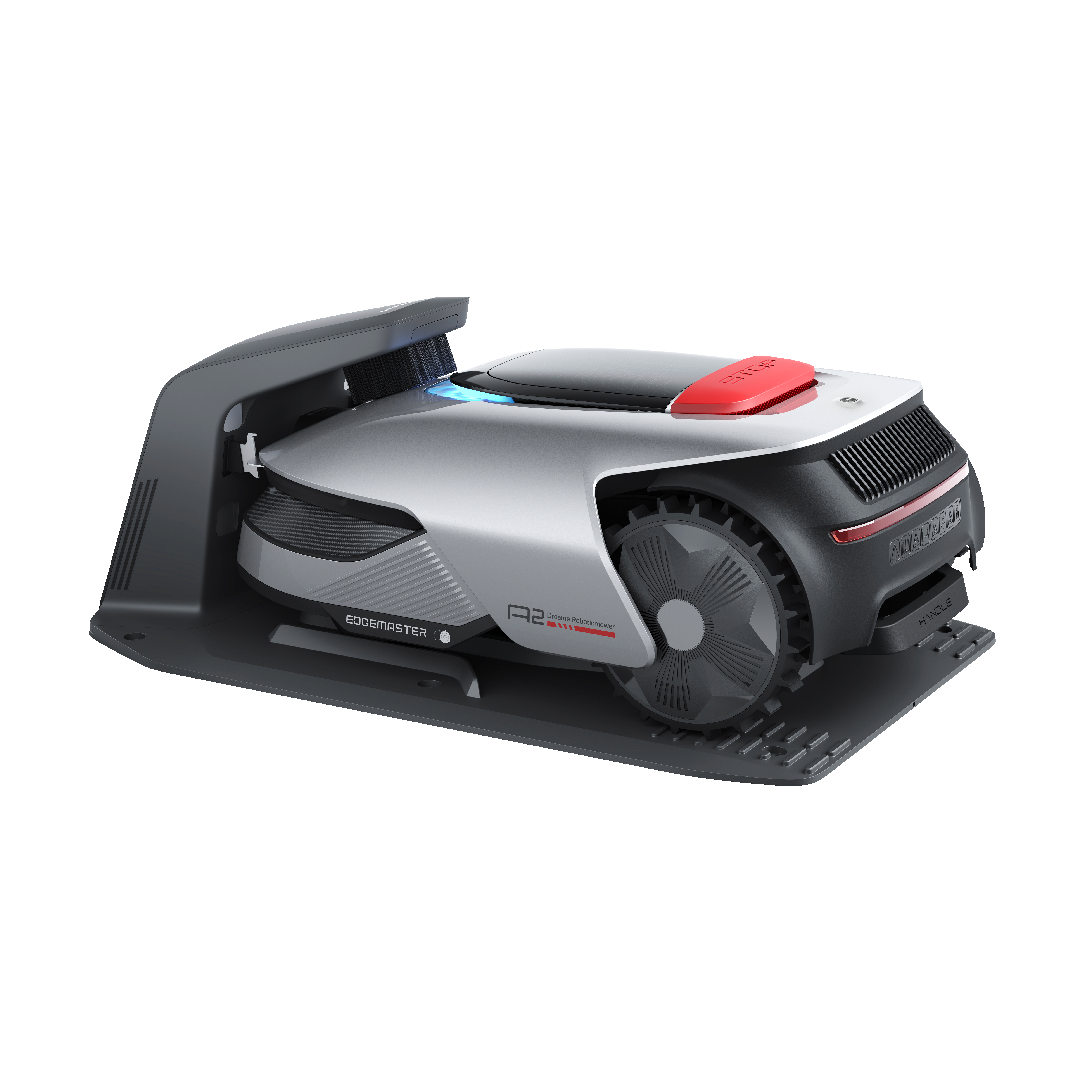 Futurystyczna szara, biała i czerwona kosiarka automatyczna stoi na stacji ładującej.