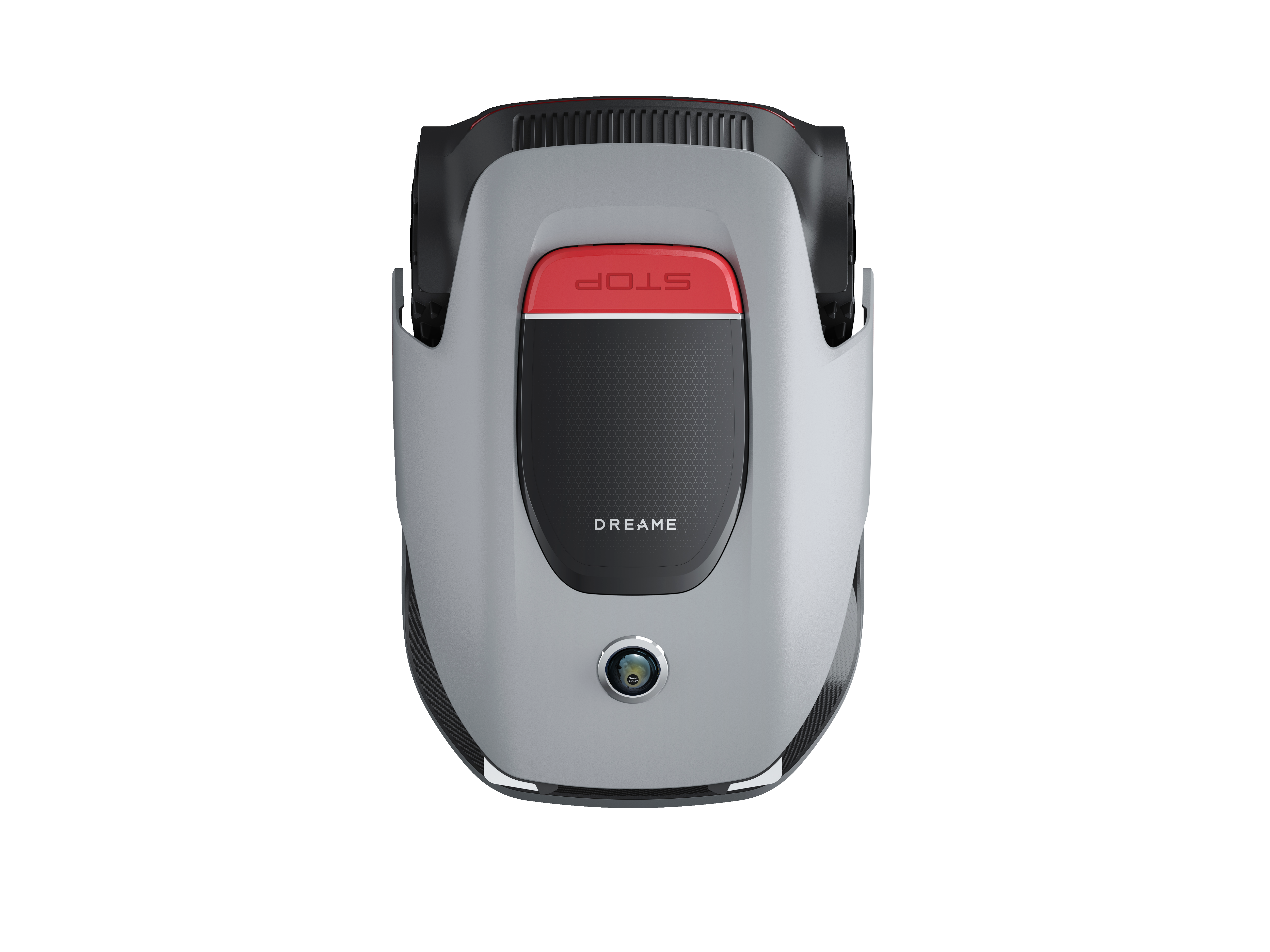 Szary robot sprzątający z czerwonym przyciskiem "STOP" i czarnym wyświetlaczem.