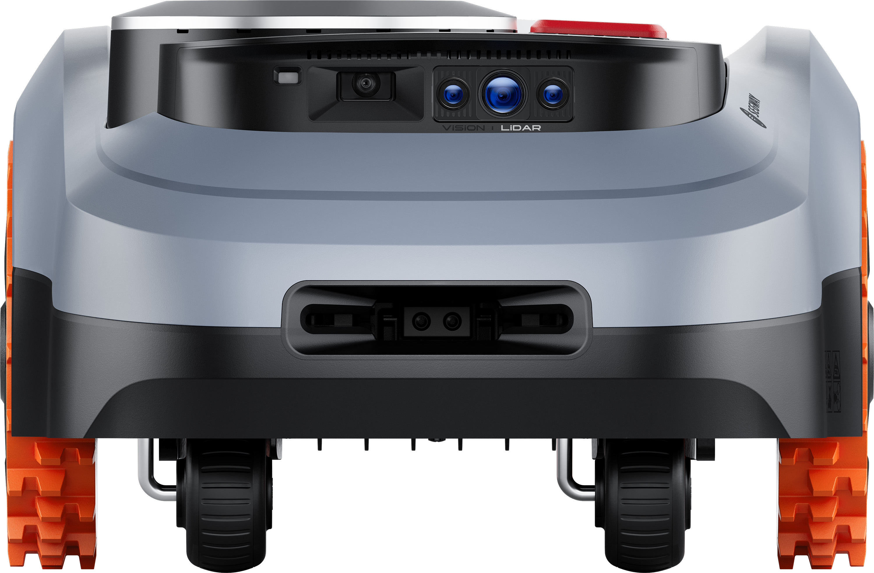 Szara kosiarka automatyczna z pomarańczowymi kołami i kamerami z przodu.