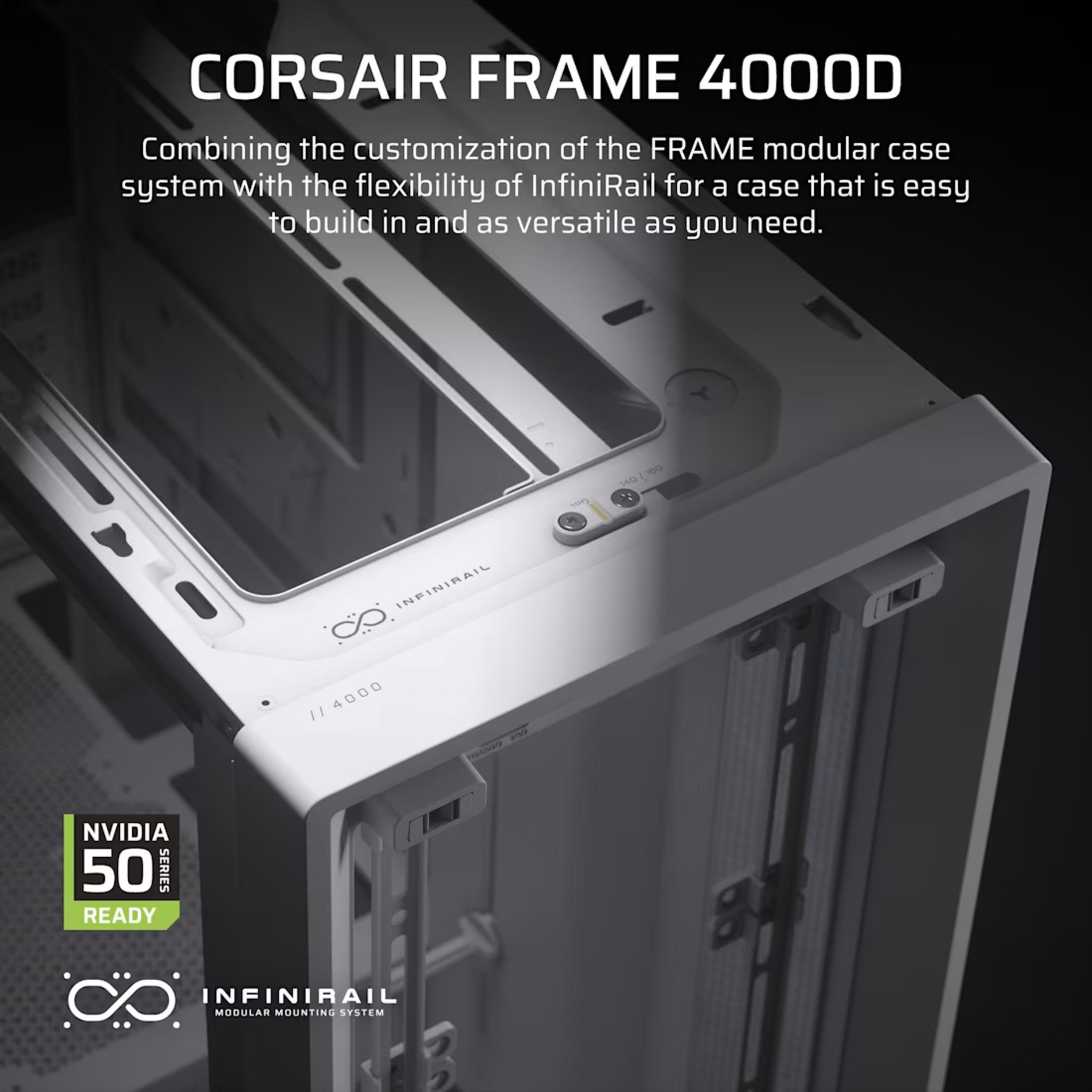 Boîtier d'ordinateur blanc avec logo "NVIDIA 50 SERIES READY" et texte "INFINIRAIL".