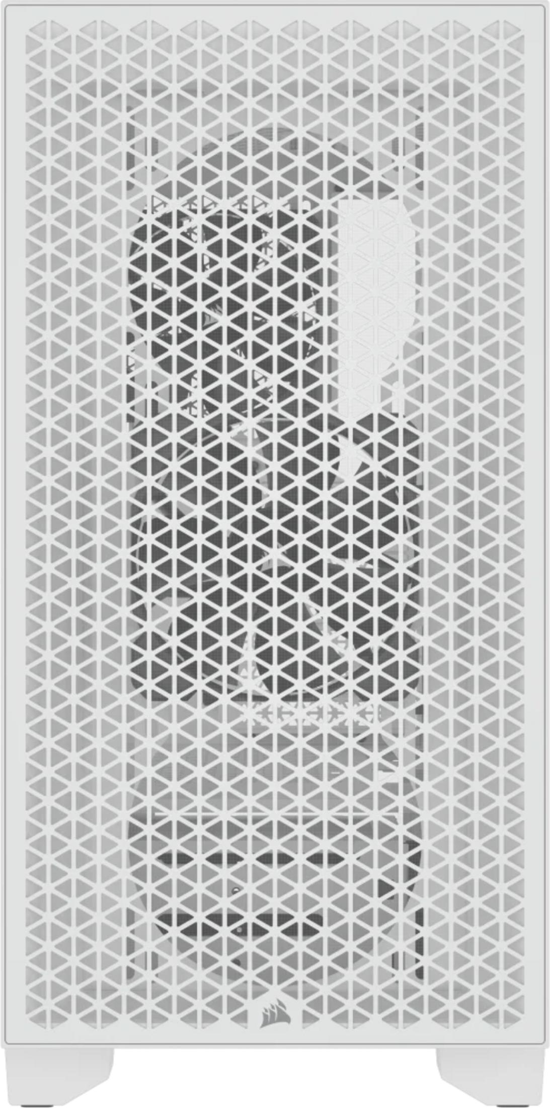 Biała obudowa komputera z trójkątnym wzorem siatki i widocznym wentylatorem.