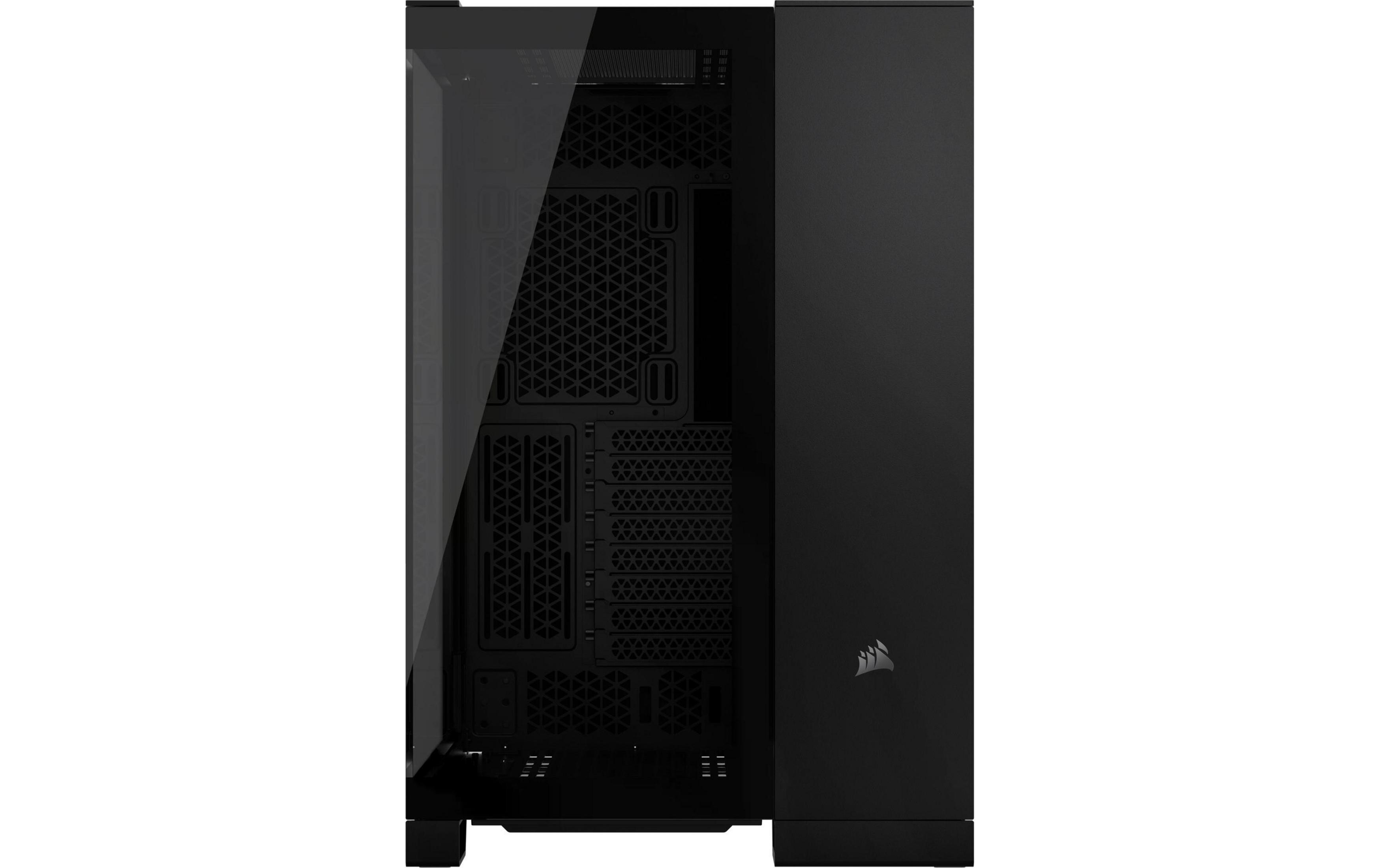 Caja de PC negra con frontal de cristal y rejilla ventilada.