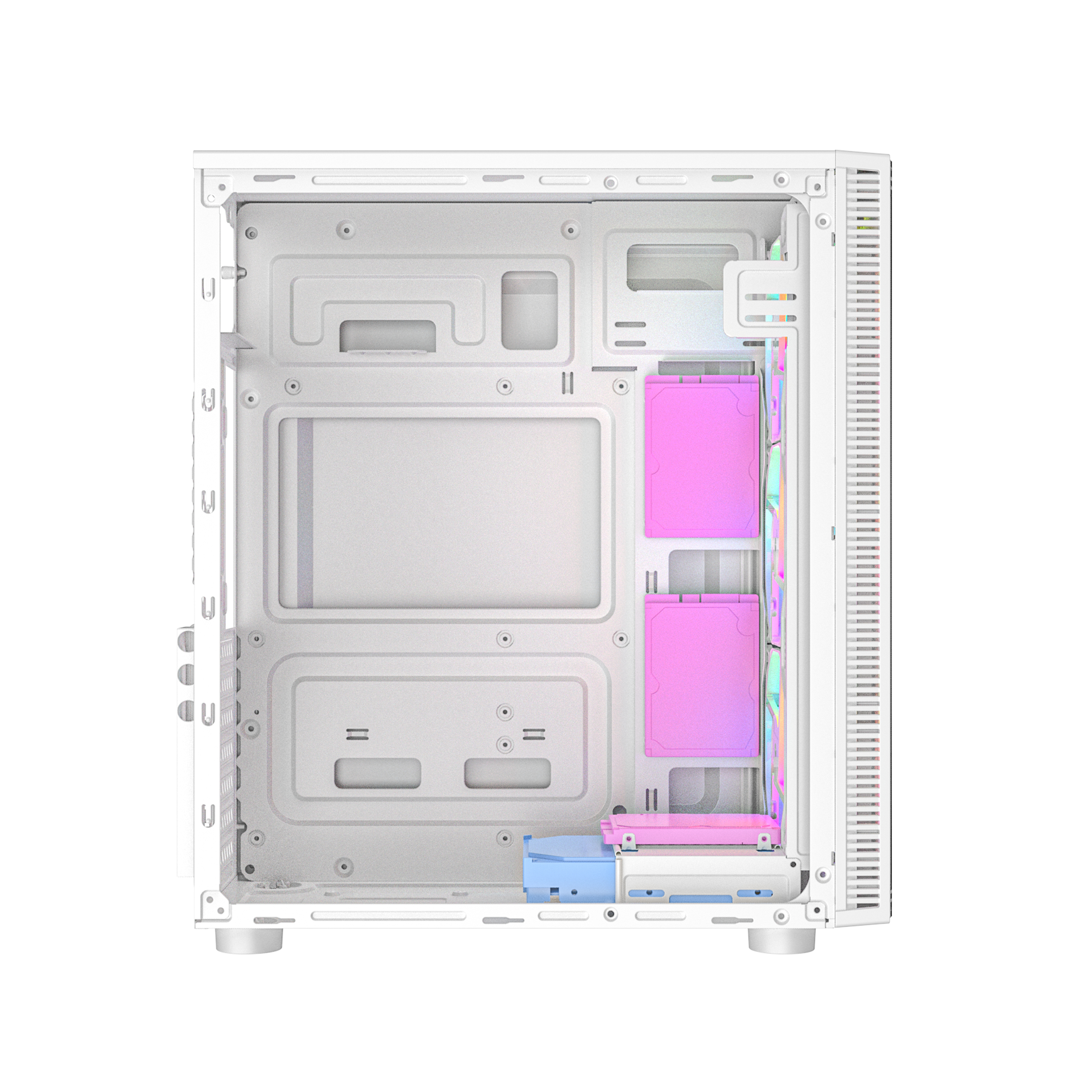 Ein weißes Computergehäuse mit rosa Laufwerksschächten und blauen Akzenten.