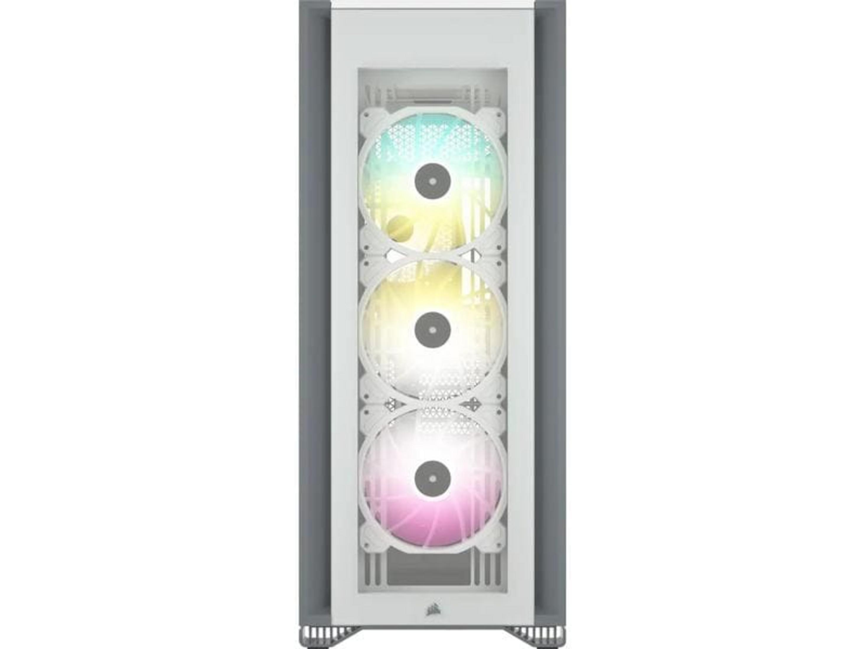 Biała obudowa komputera z trzema podświetlanymi wentylatorami z przodu.