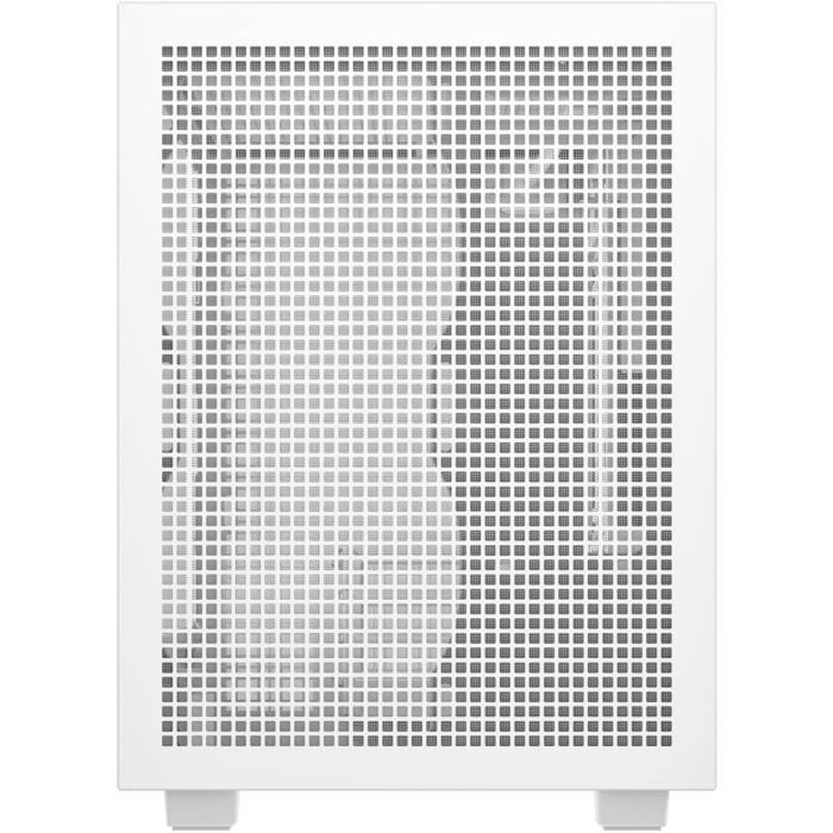 Biały przód obudowy komputera z otworami i dwiema stopkami.