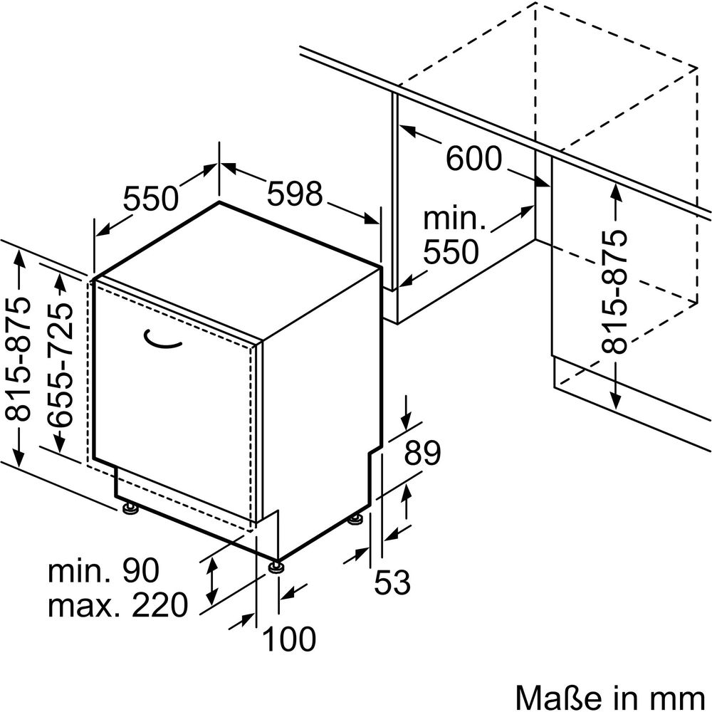 Dibujo técnico de un lavavajillas con dimensiones en mm.