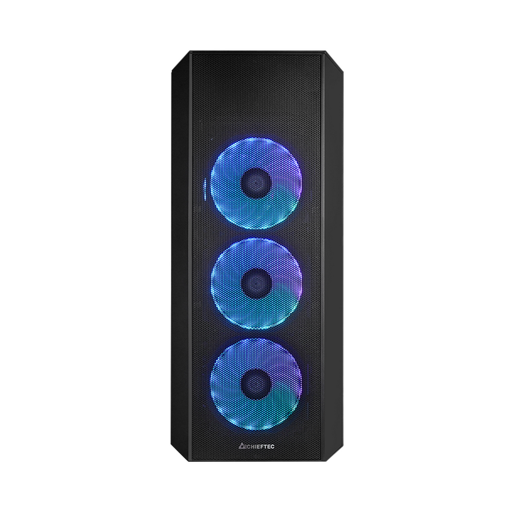 Una caja de ordenador negra con tres ventiladores iluminados
