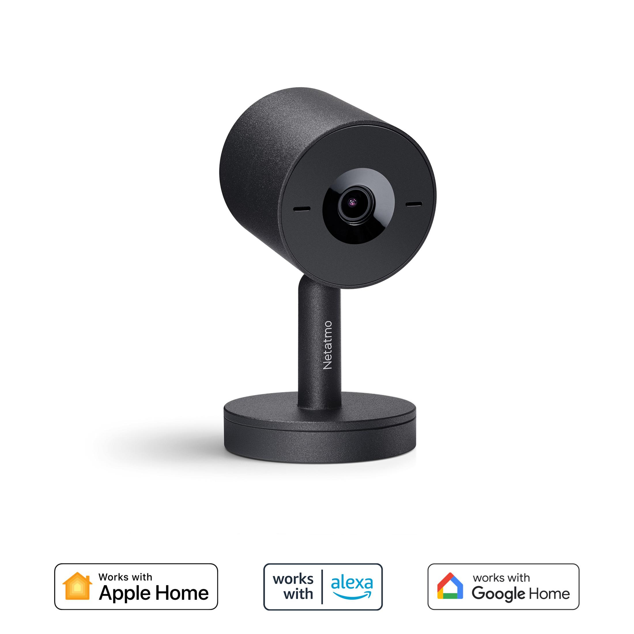Un support de caméra Netatmo noir avec une base ronde et une caméra.